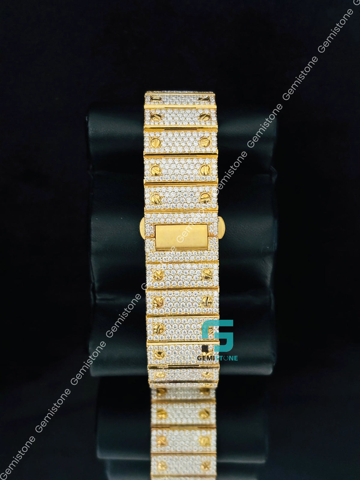 41MM Hip Hop Cartier Yellow Gold Plated Moissanite Skeleton Dial Watch For Men