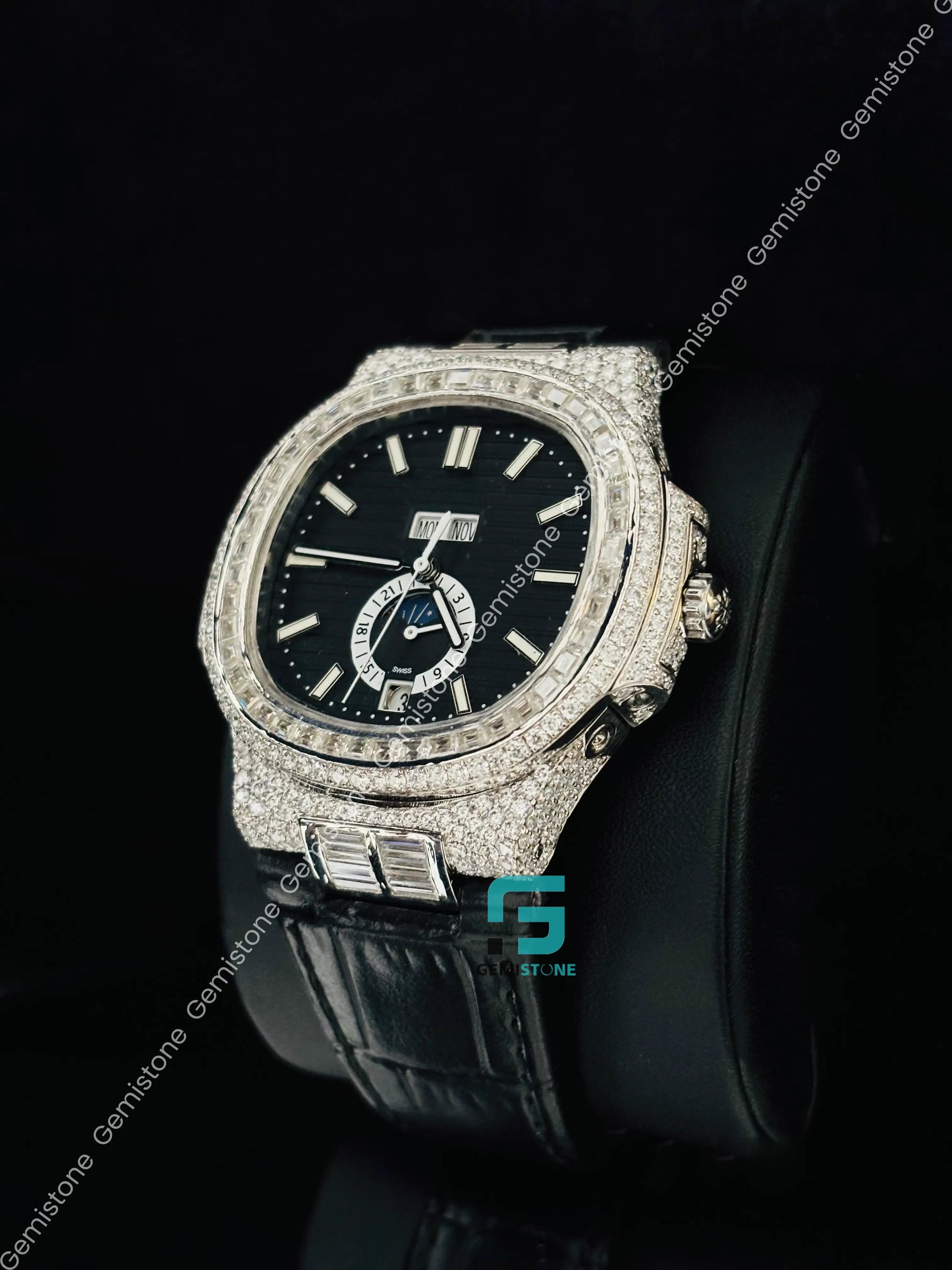 41MM Patek Philippe Black Dial Moissanite Studded Watch