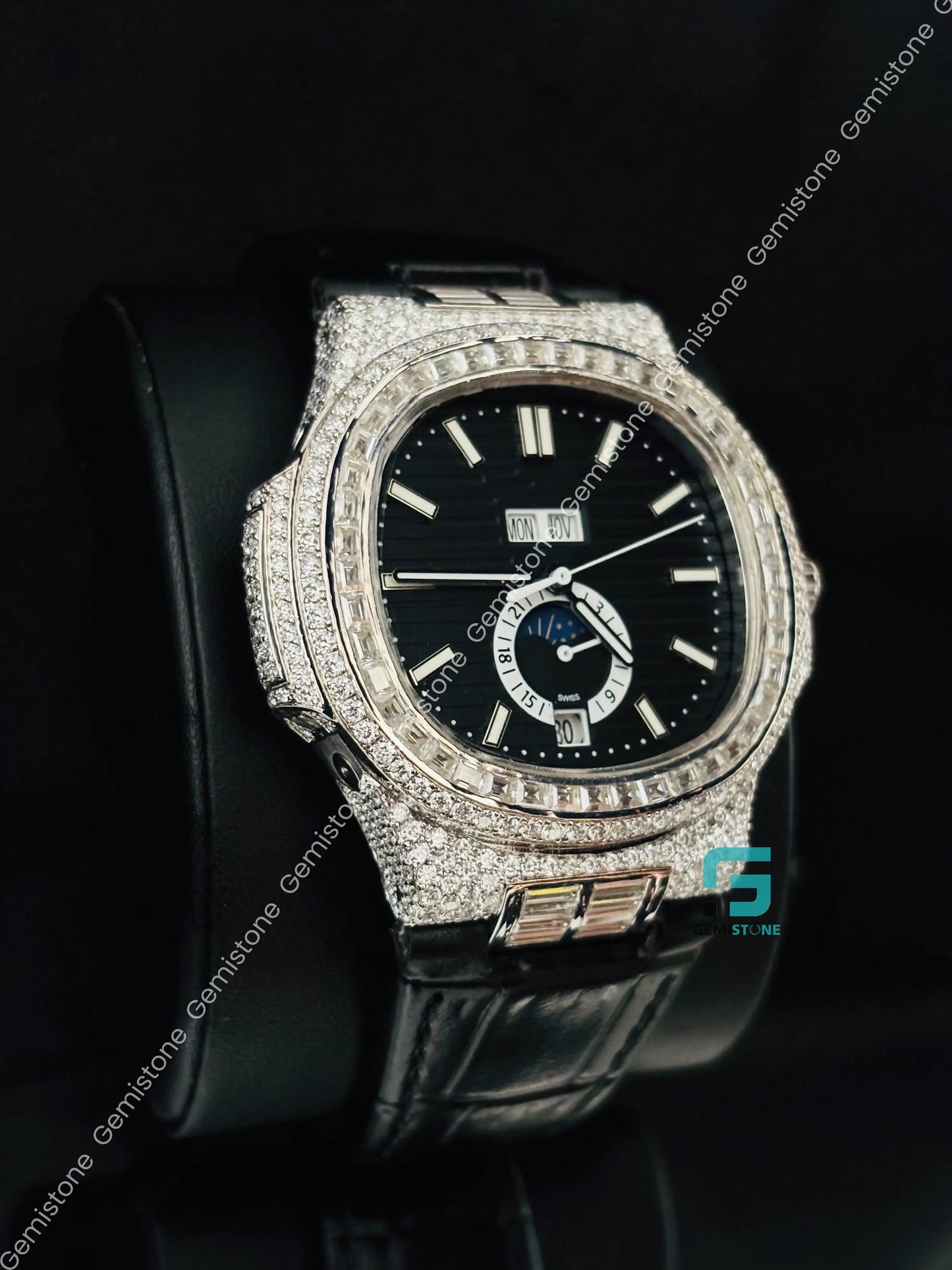 41MM Patek Philippe Black Dial Moissanite Watch For Men