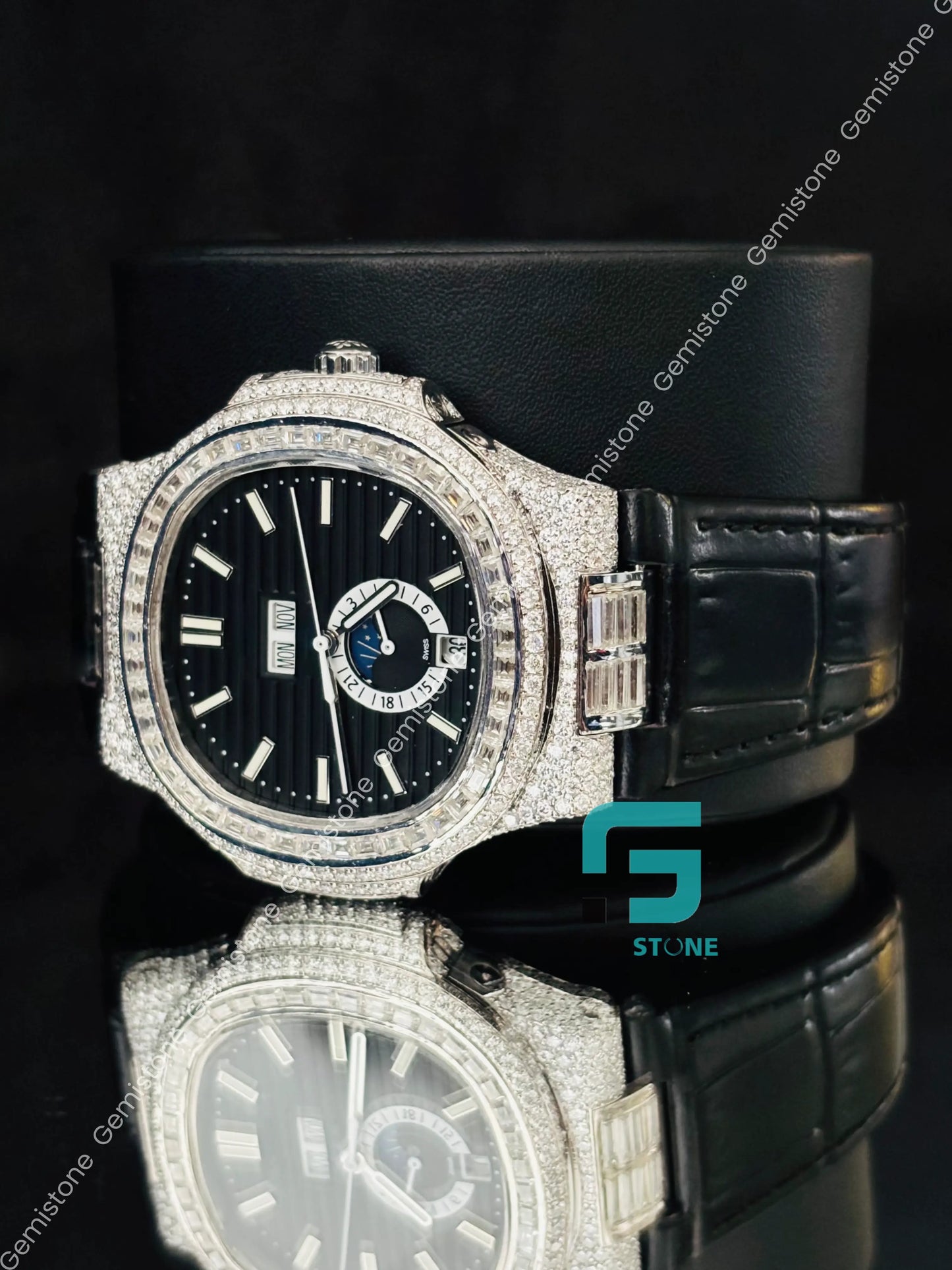 41MM Patek Philippe Black Dial White Bar Baguette Moissanite Watch For Men