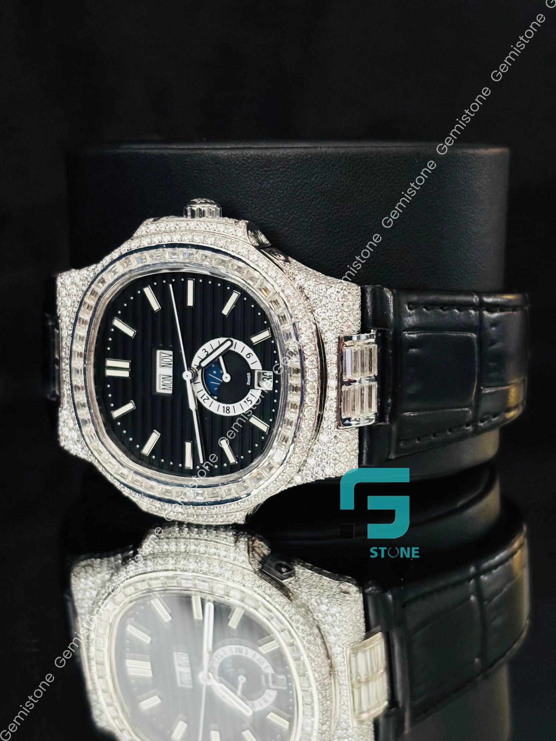 41MM Patek Philippe Black Dial White Bar Baguette Moissanite Watch For Men