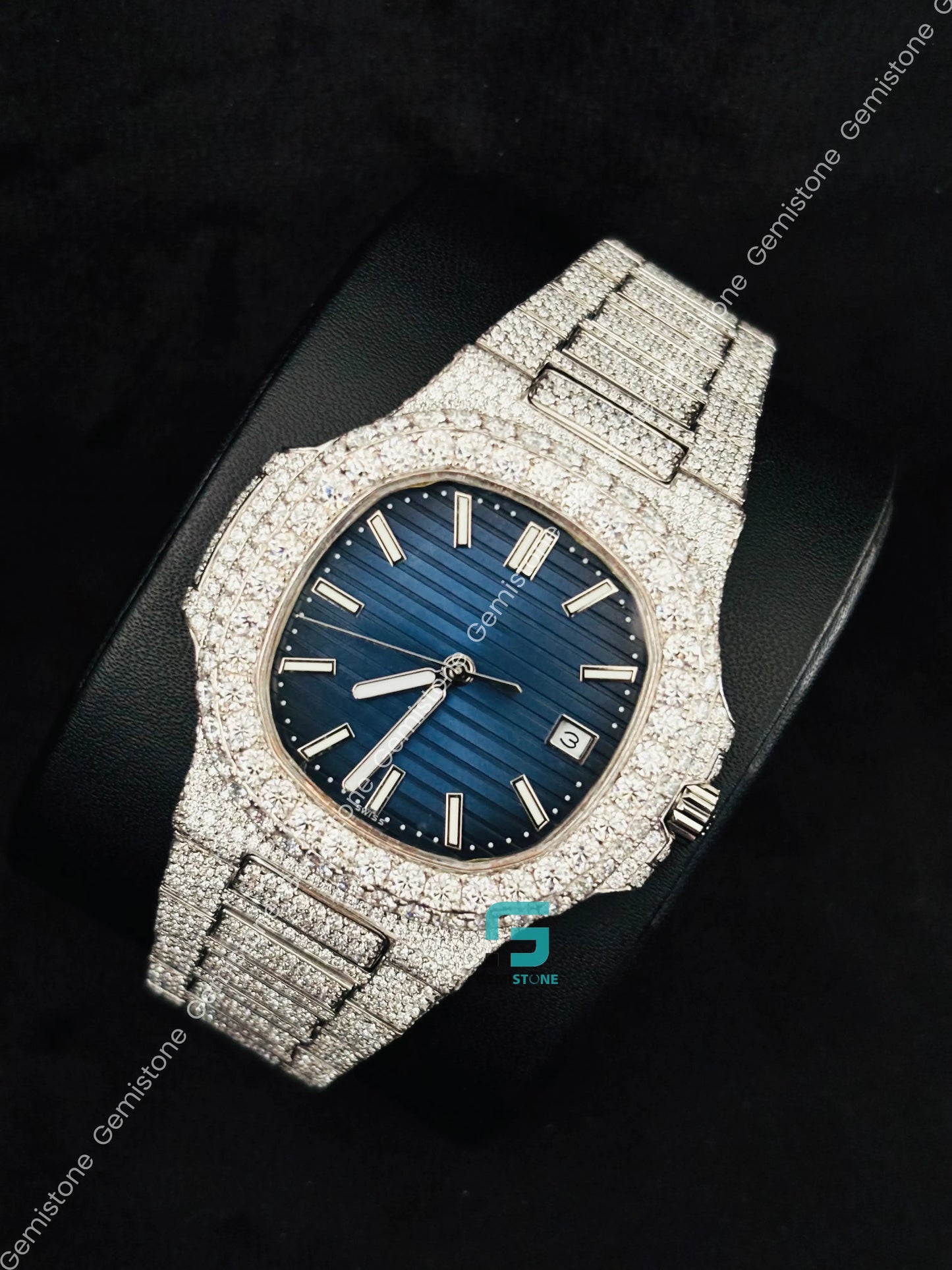 41MM Patek Philippe Blue Dial White Bar Moissanite Hip Hop Watch