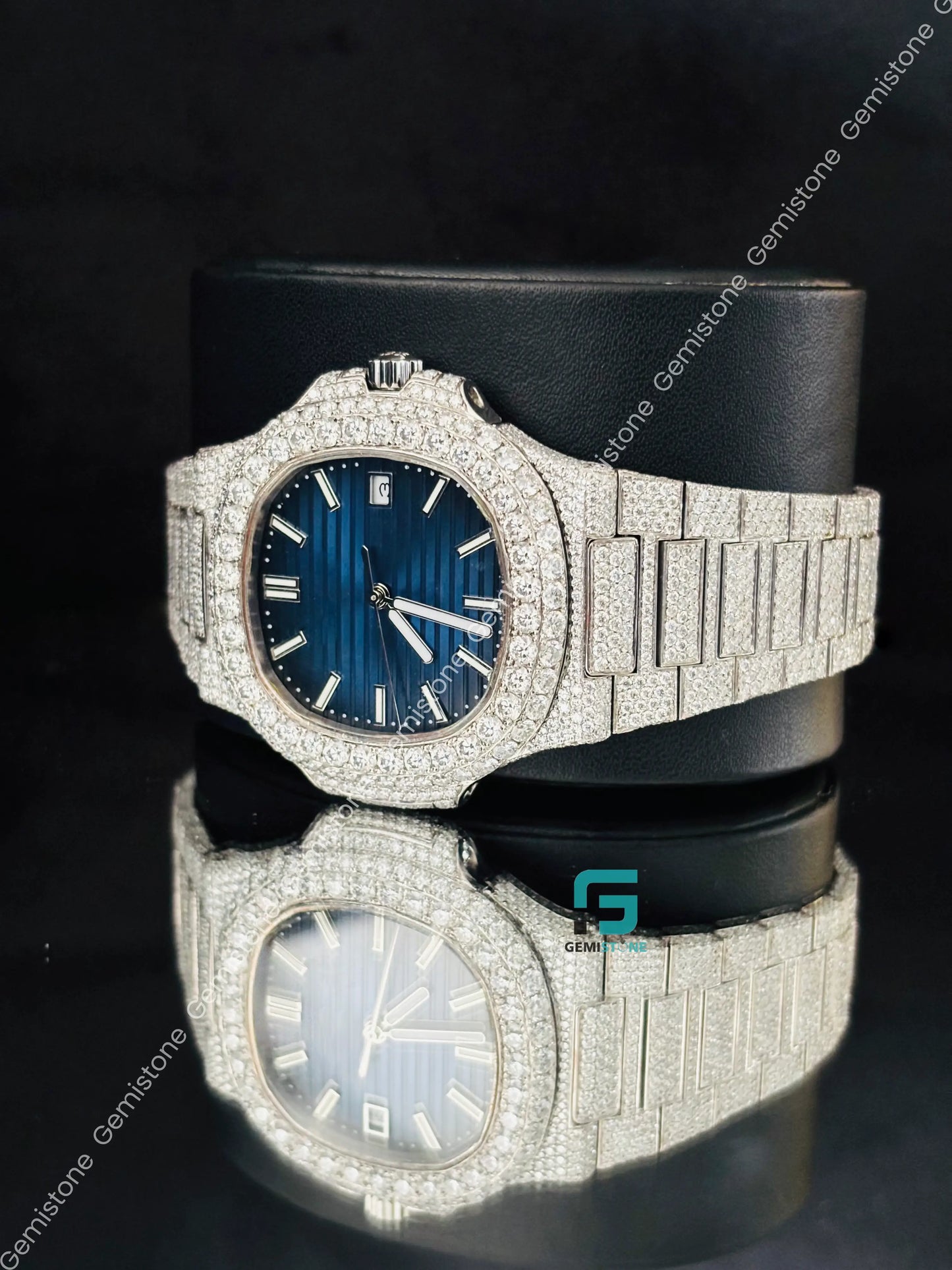 41MM Patek Philippe Blue Dial White Bar Moissanite Studded Watch For Men