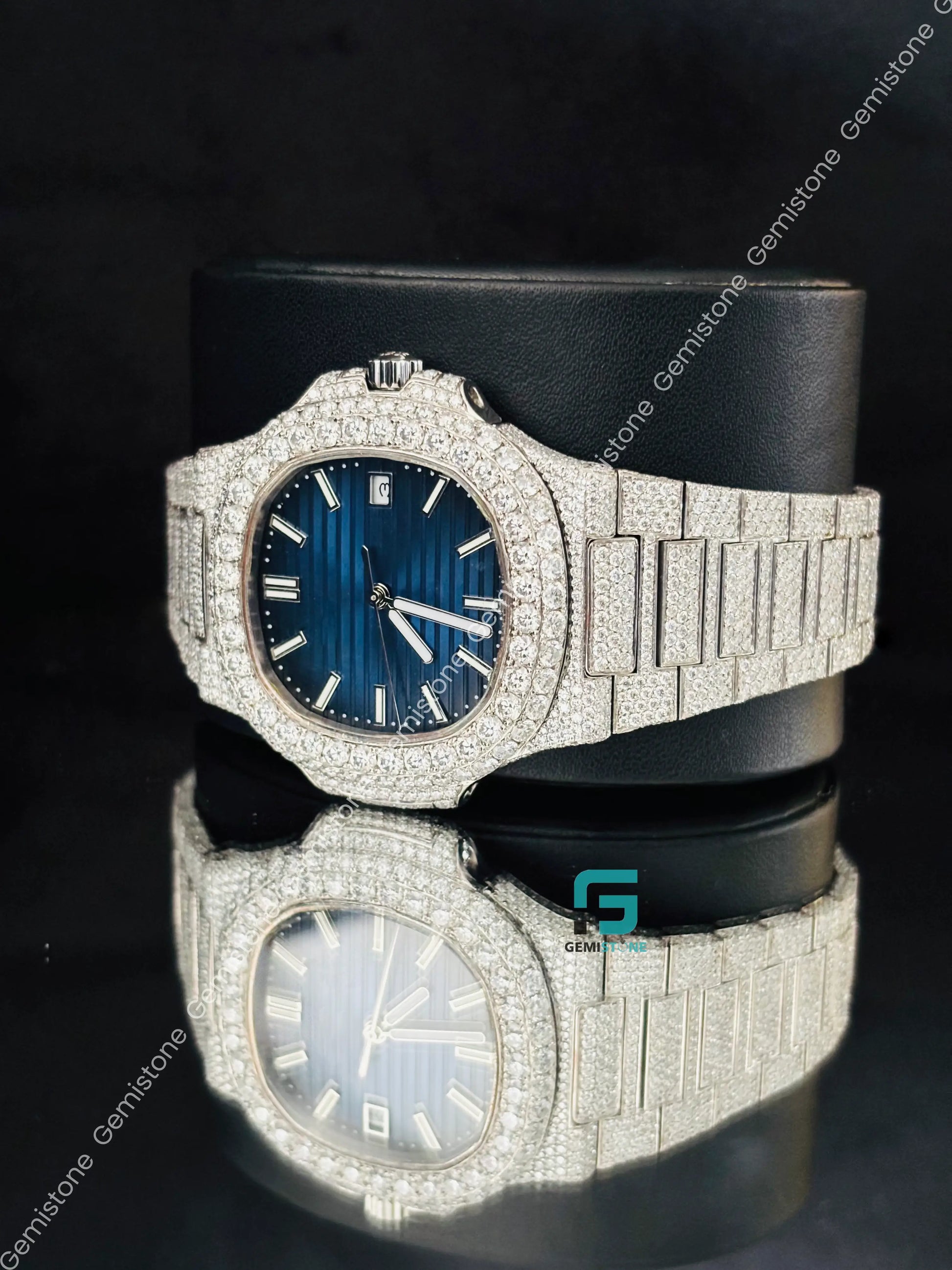 41MM Patek Philippe Blue Dial White Bar Moissanite Studded Watch For Men