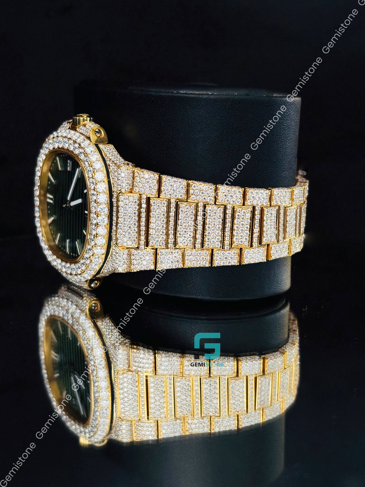 41MM Patek Philippe Green Dial Studded Moissanite Iced Out Watch For Men