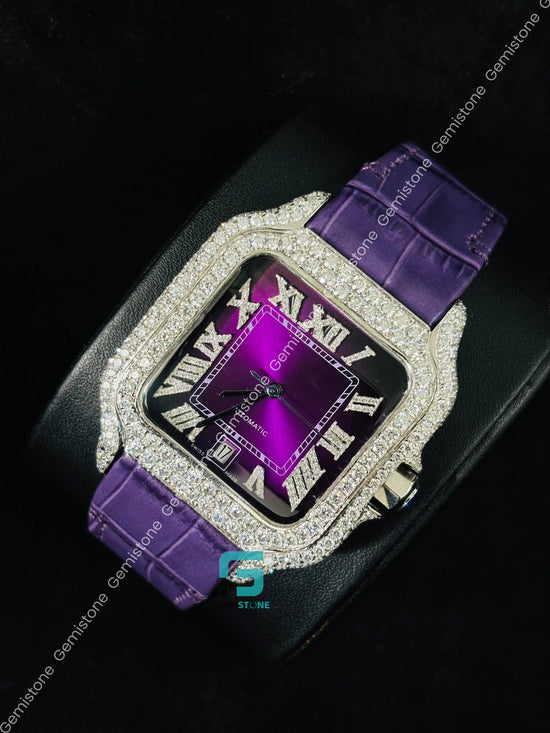 41MM Purpal Lather Strap Moissanite Watch For Men
