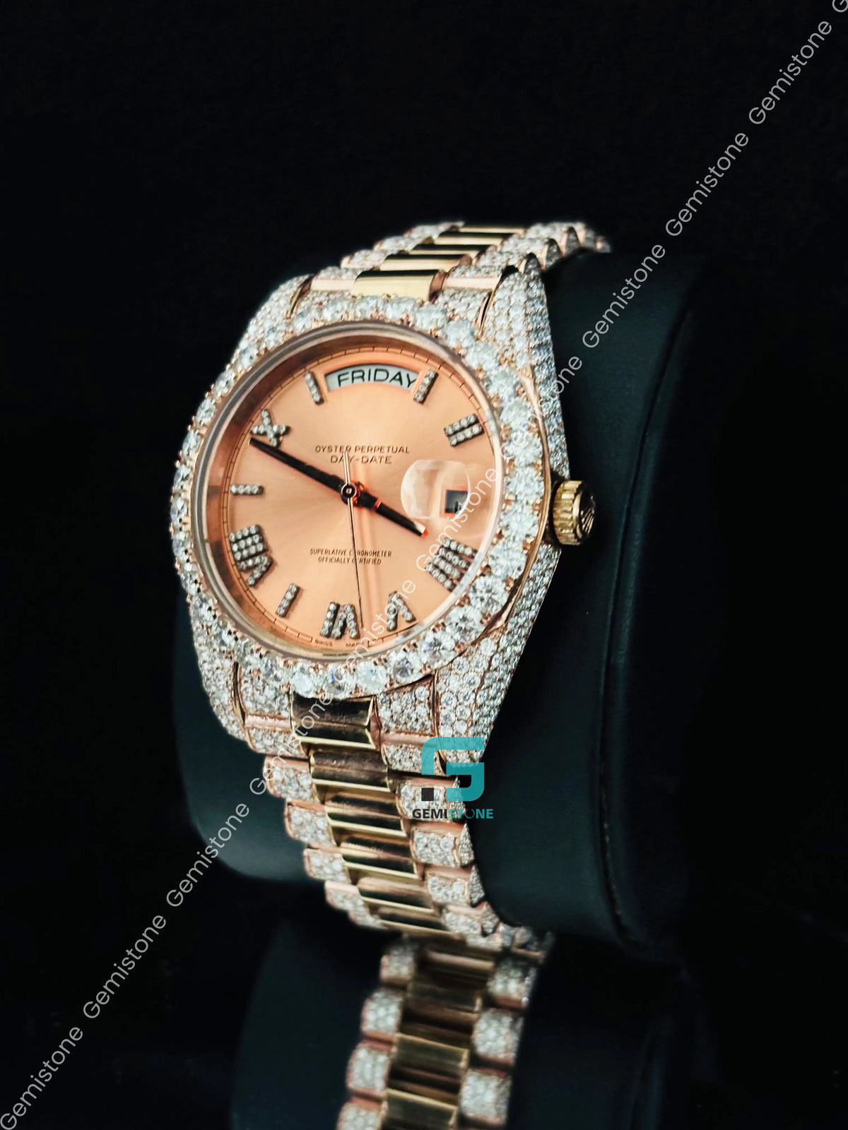 41MM Rolex Studded Roman Number Iced Out Day Date Moissanite Watch 