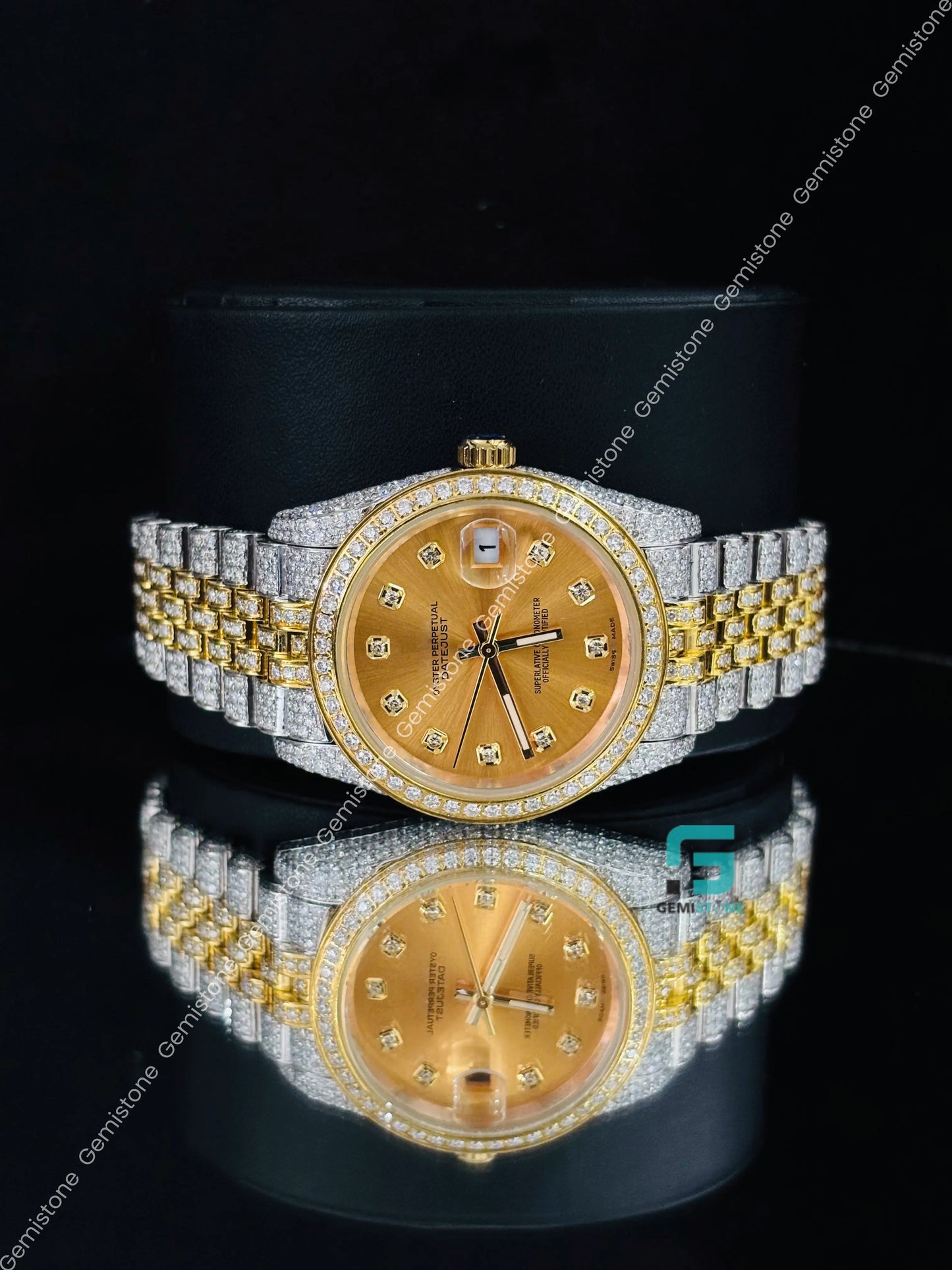 41MM Rolex Yellow Gold Plated Moissanite Diamond Studded Watch