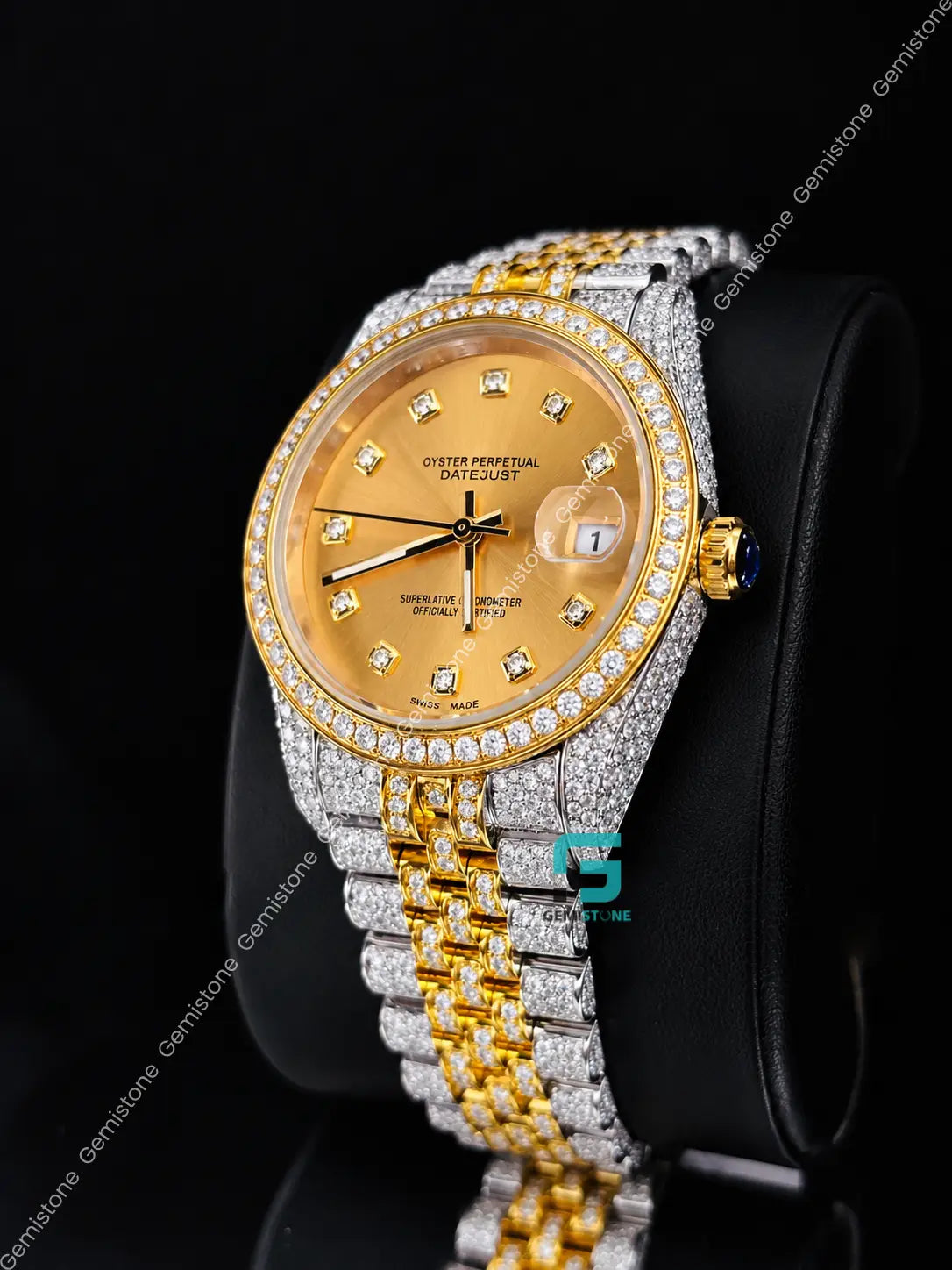 41MM Yellow Gold Plated Moissanite Diamond Studded Watch 