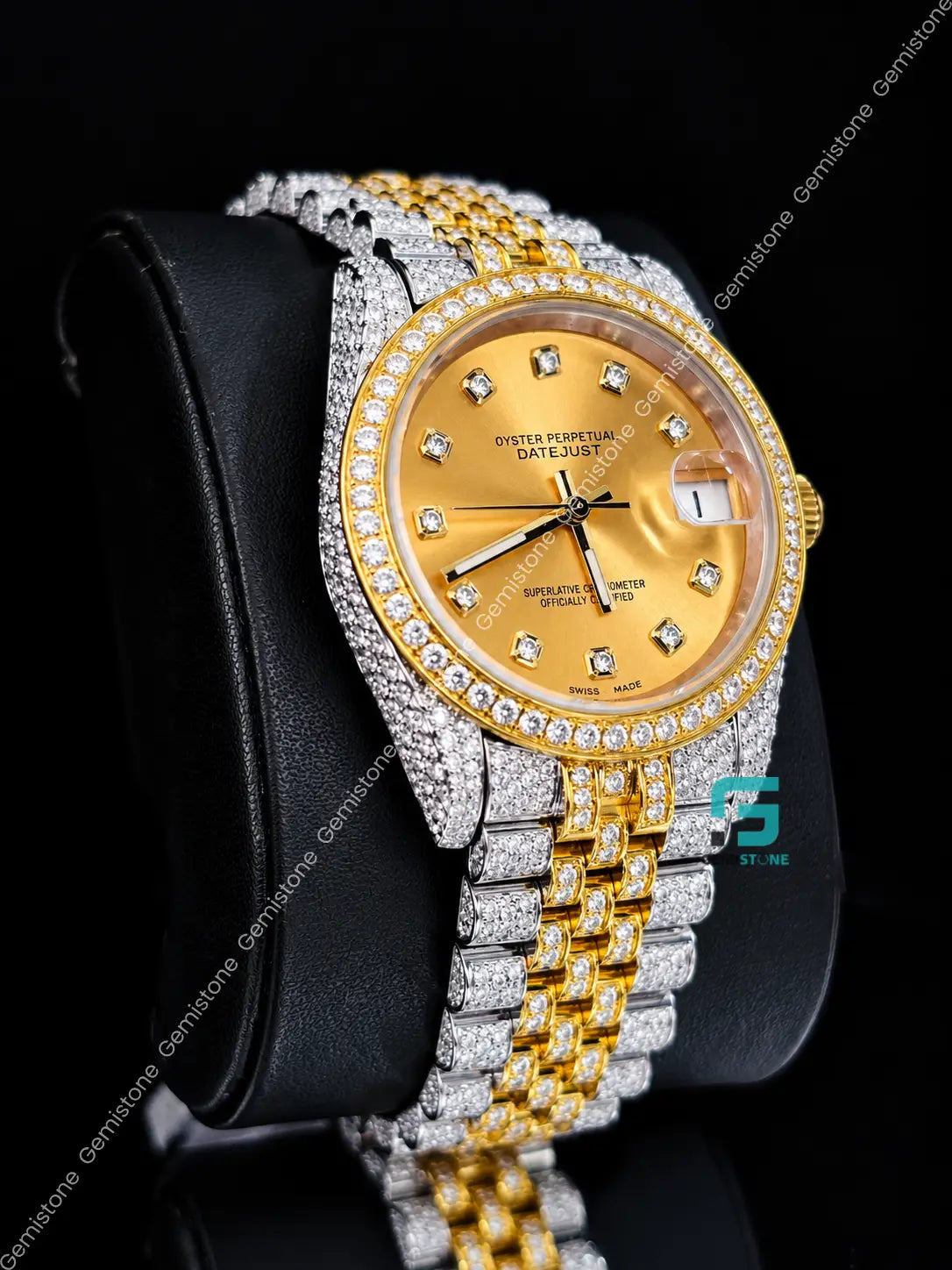 41MM Yellow Gold Plated Moissanite Diamond Studded Watch For Women