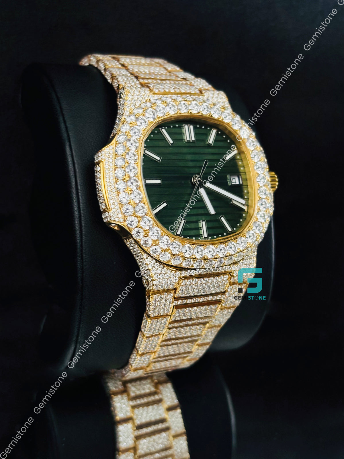 41MM Yellow Gold Plated Patek Philippe Green Dial Moissanite Iced Out Watch For Men