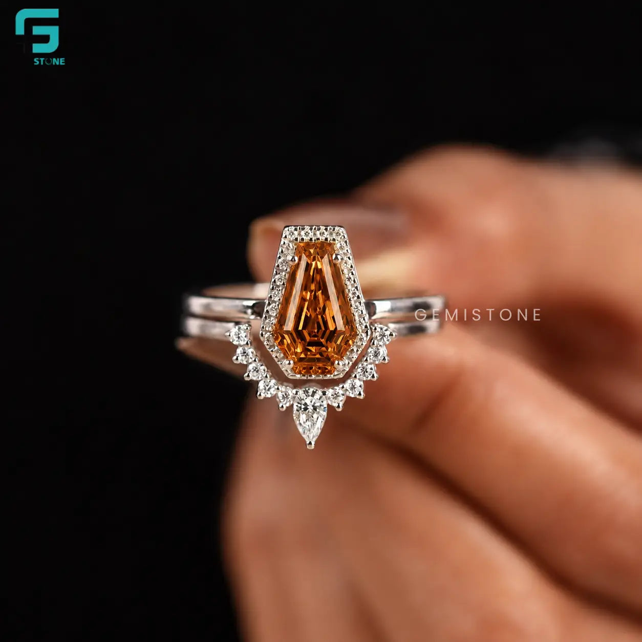 Coffin Cut Halo Lab Diamond Curved Stacking Band Ring Set