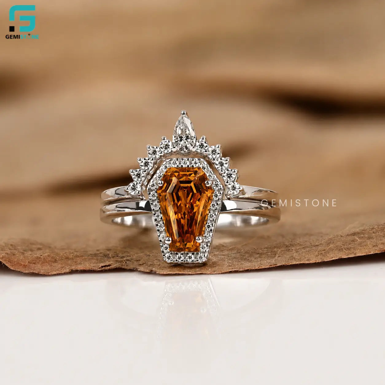 Coffin Cut Halo Lab Diamond Curved Stacking Band Ring Set