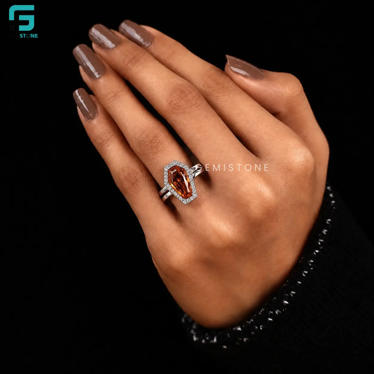 Coffin Cut Halo Lab Diamond Curved Stacking Band Ring Set