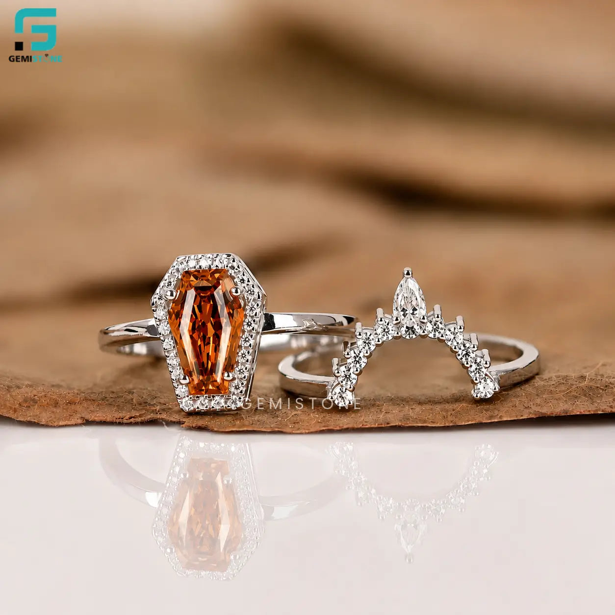 Coffin Cut Halo Lab Diamond Curved Stacking Band Ring Set