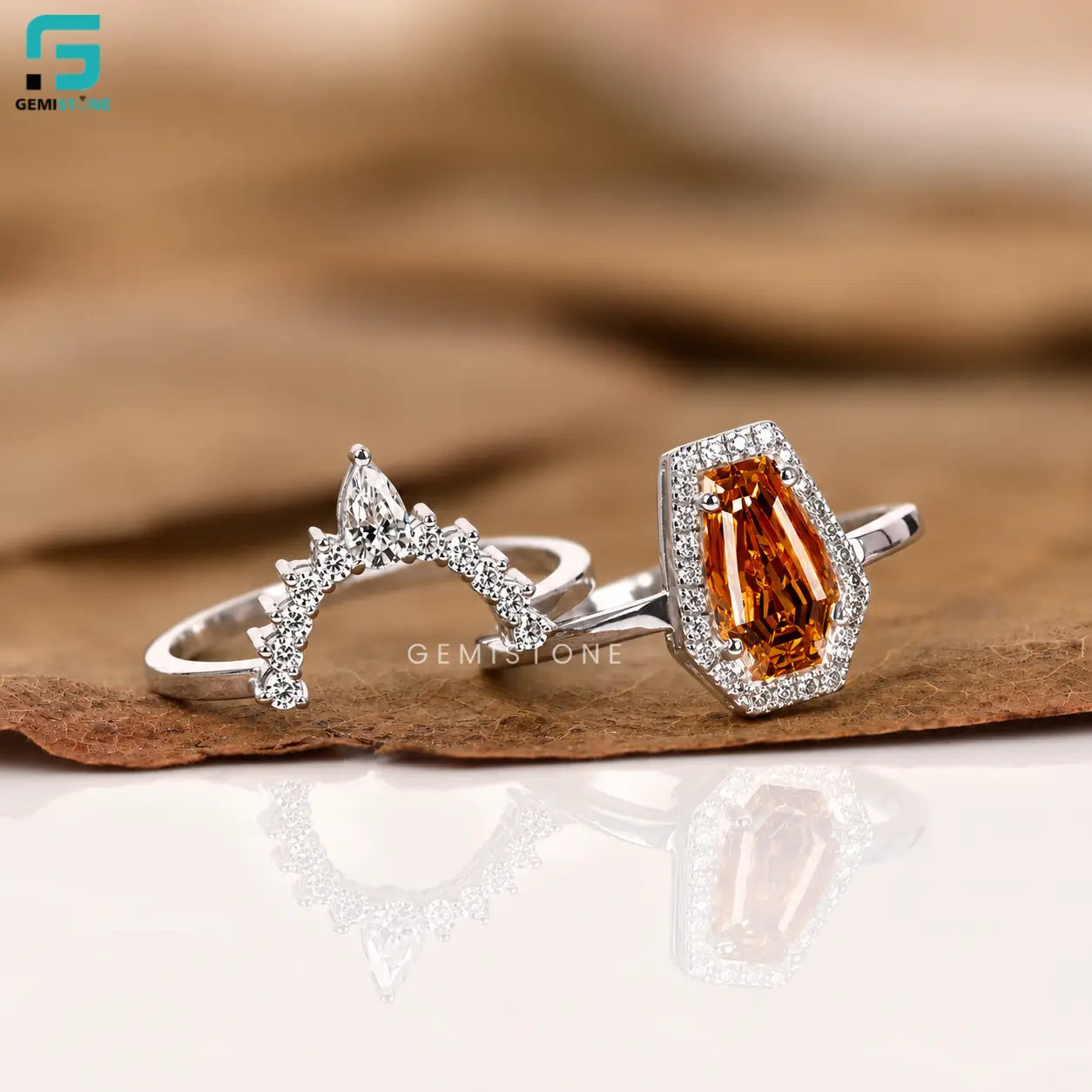 Coffin Cut Halo Lab Diamond Curved Stacking Band Ring Set
