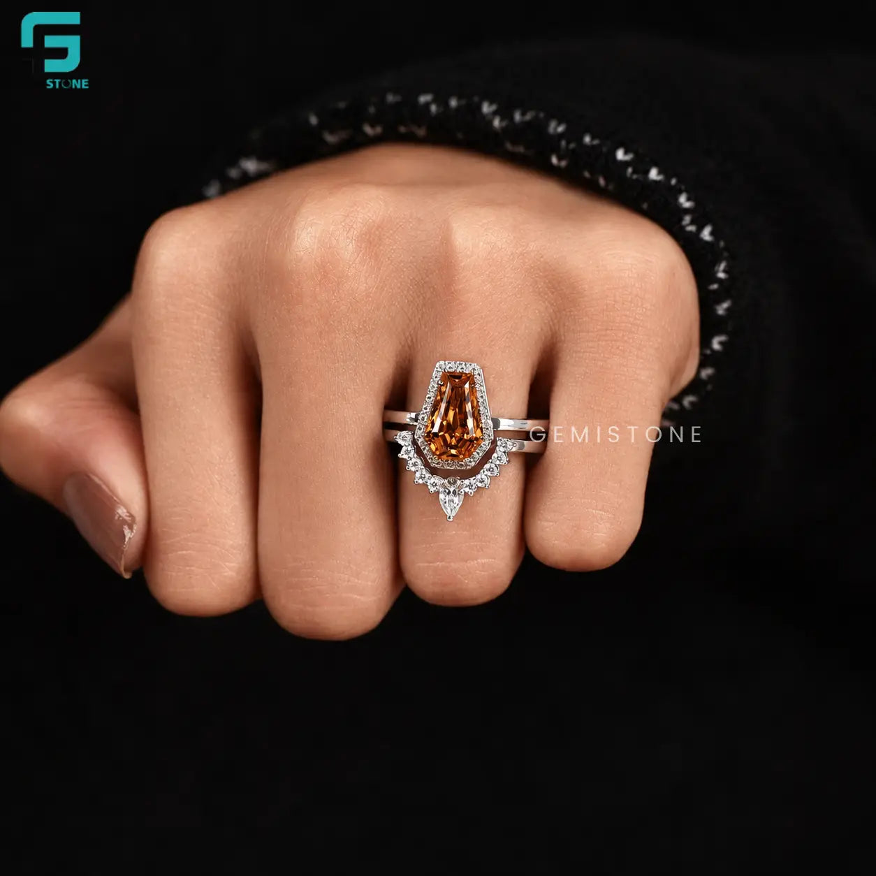 Coffin Cut Halo Lab Diamond Curved Stacking Band Ring Set