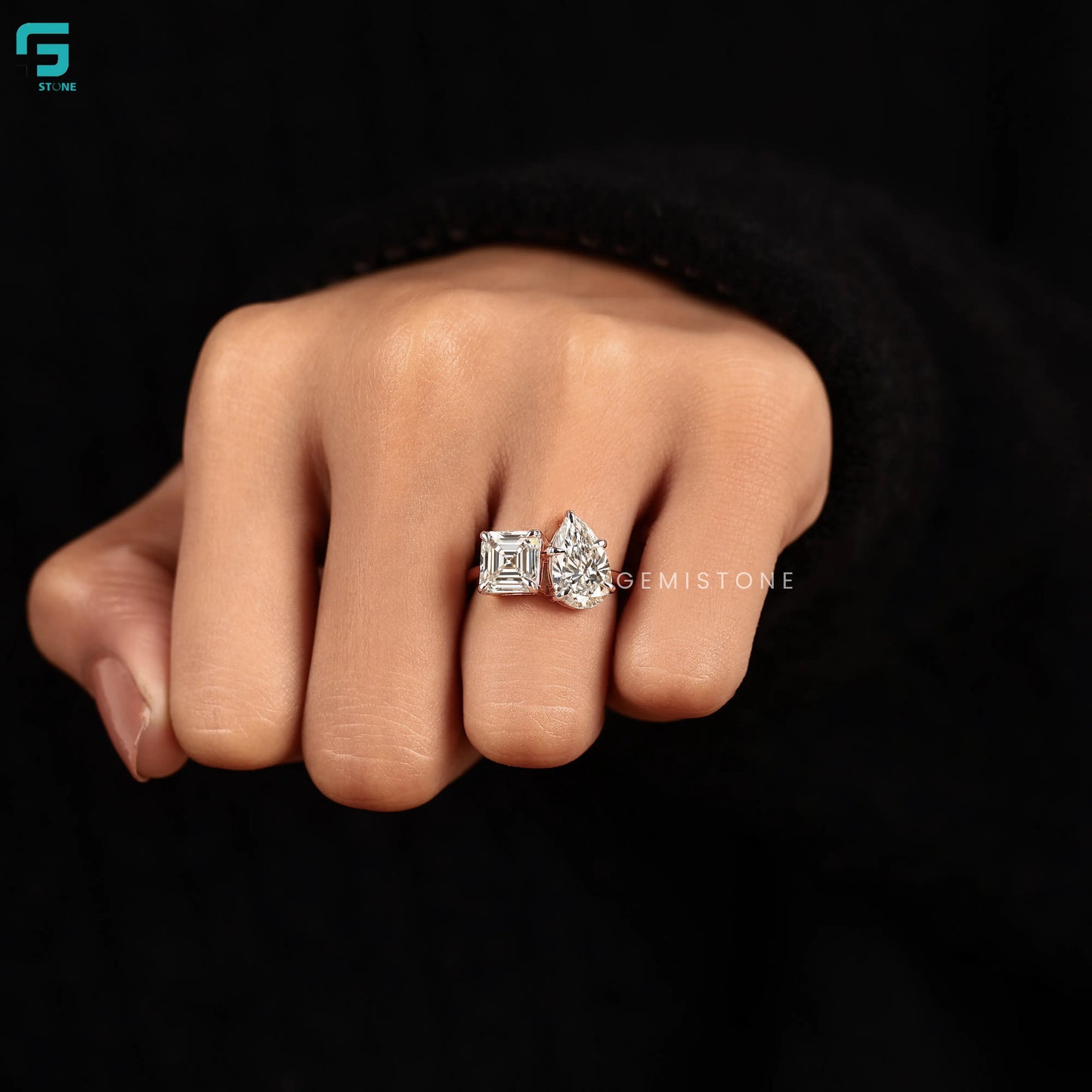 Asscher & Pear Lab Diamond Two Stone Ring For Women