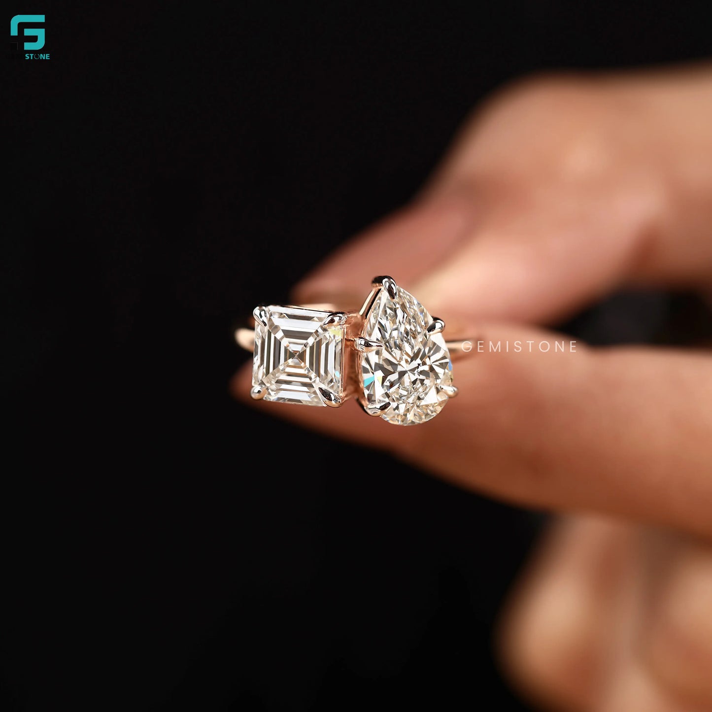 Asscher & Pear Lab Diamond Two Stone Ring For Women