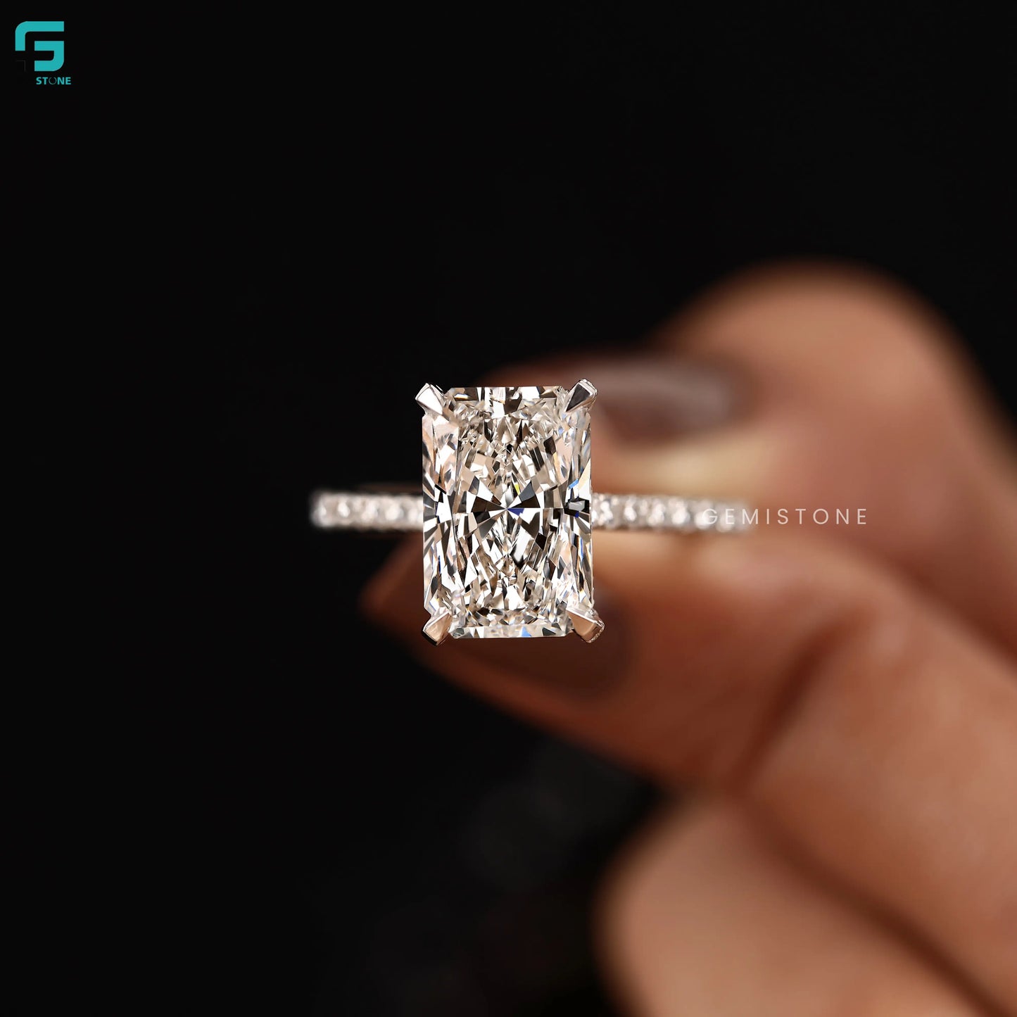 Hidden Halo Radiant Cut Lab Diamond Pave Set Engagemnt Ring