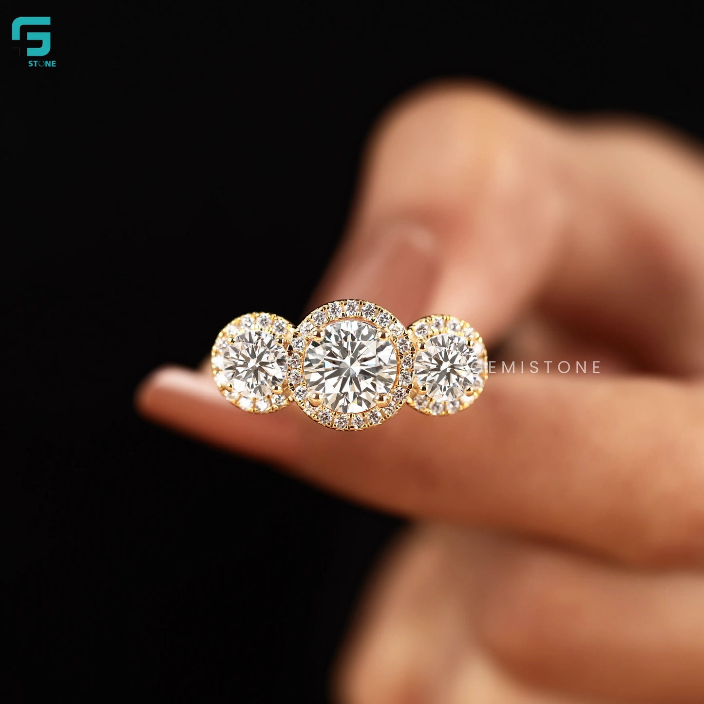 Round Three Stone Lab Diamond Engagement Halo Ring
