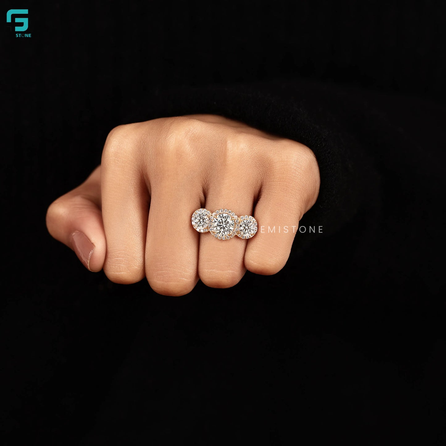 Round Three Stone Lab Diamond Engagement Halo Ring