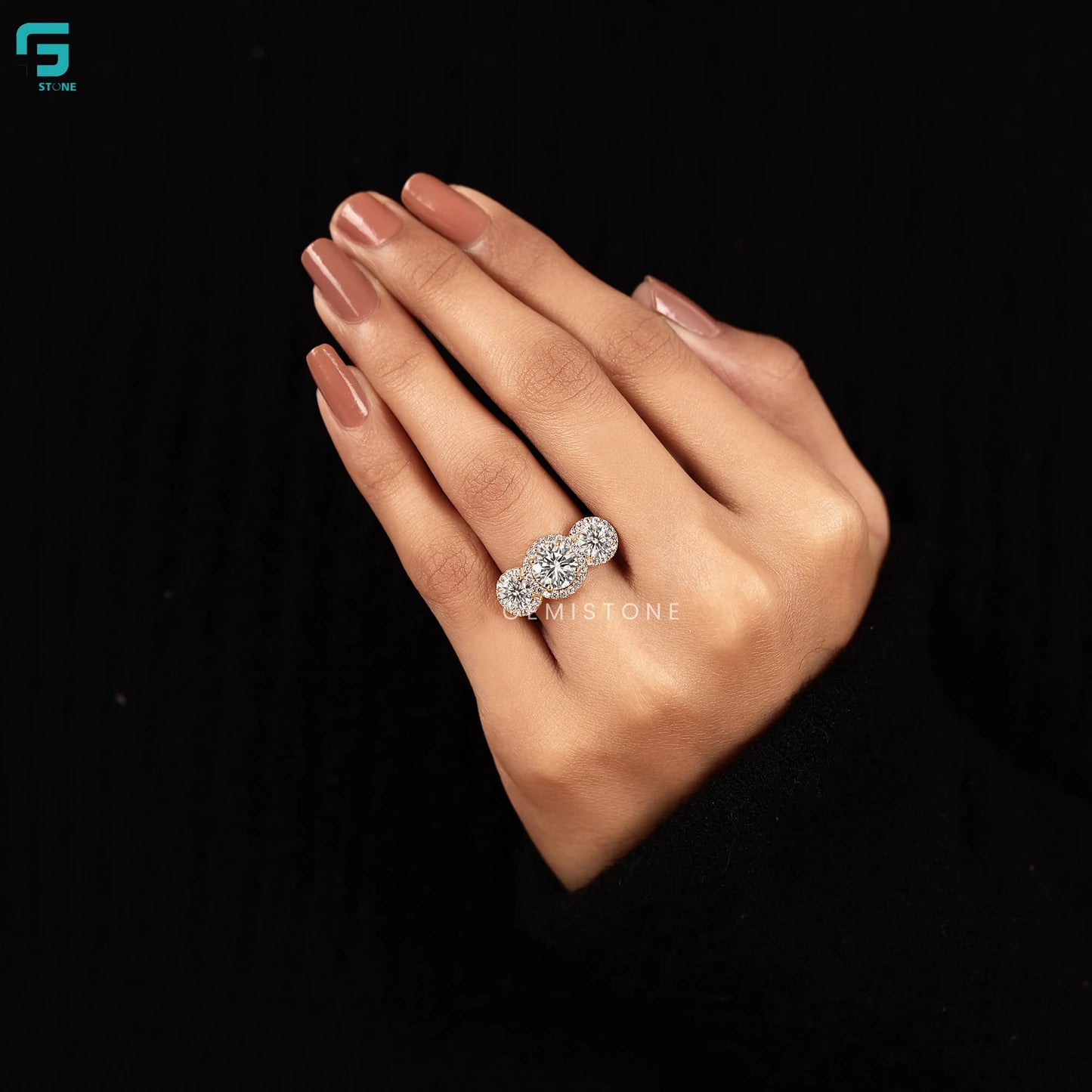 Round Three Stone Lab Diamond Engagement Halo Ring