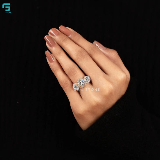 Round Three Stone Lab Diamond Engagement Halo Ring
