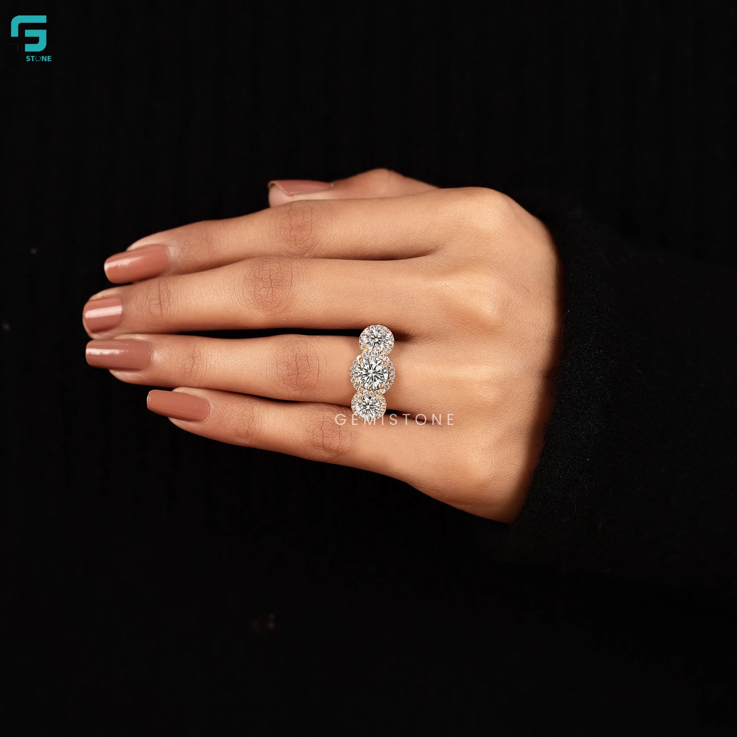 Round Three Stone Lab Diamond Engagement Halo Ring
