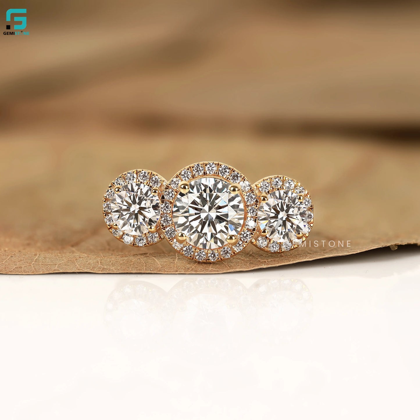 Round Three Stone Lab Diamond Engagement Halo Ring