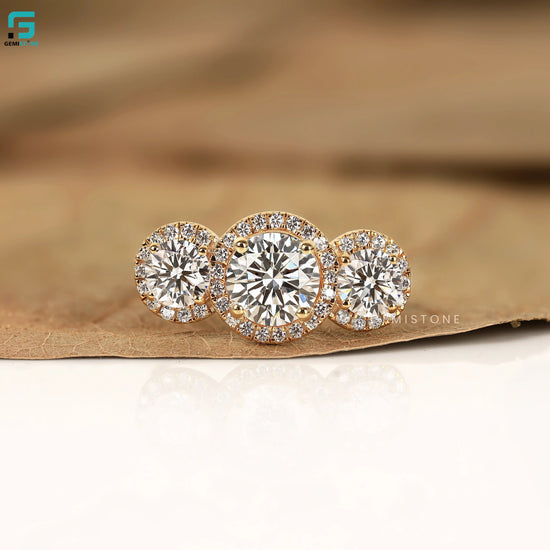 Round Three Stone Lab Diamond Engagement Halo Ring