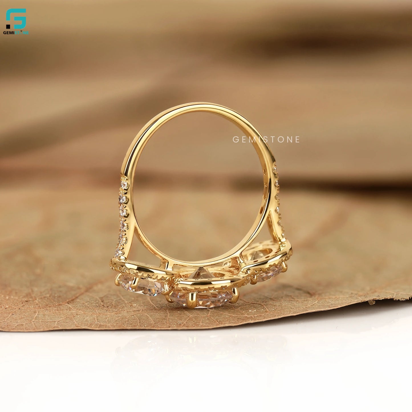 Round Three Stone Lab Diamond Engagement Halo Ring