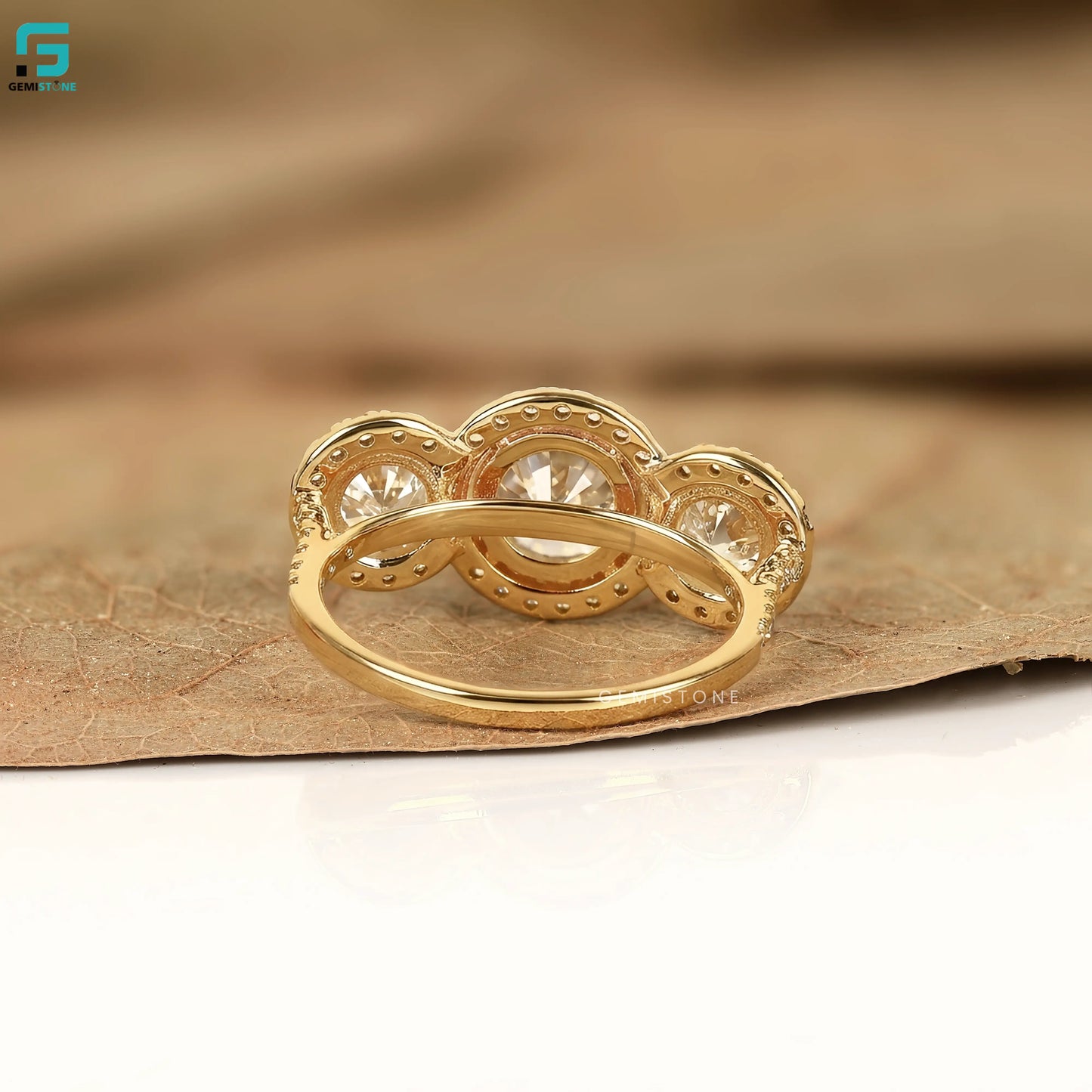 Round Three Stone Lab Diamond Engagement Halo Ring