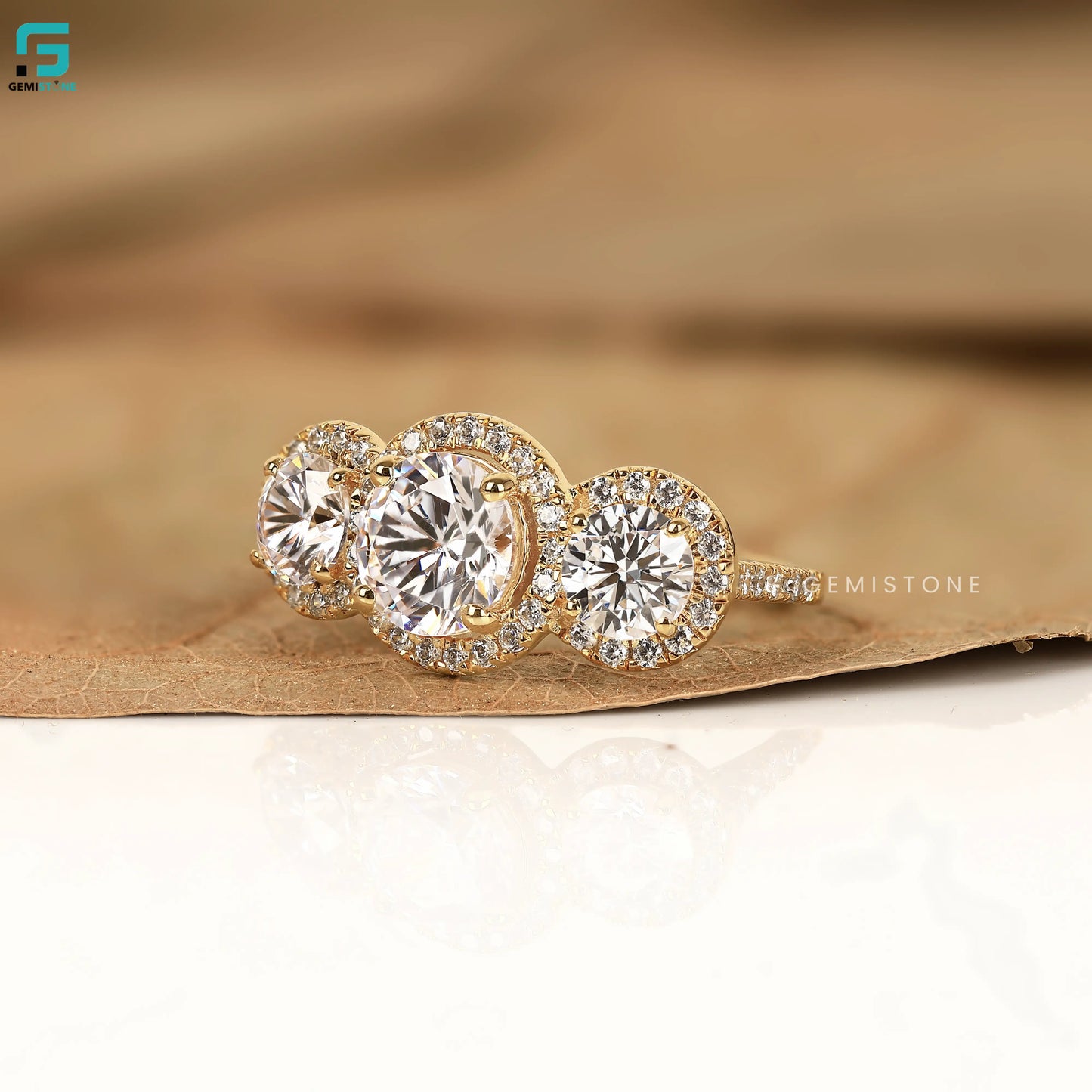 Round Three Stone Lab Diamond Engagement Halo Ring