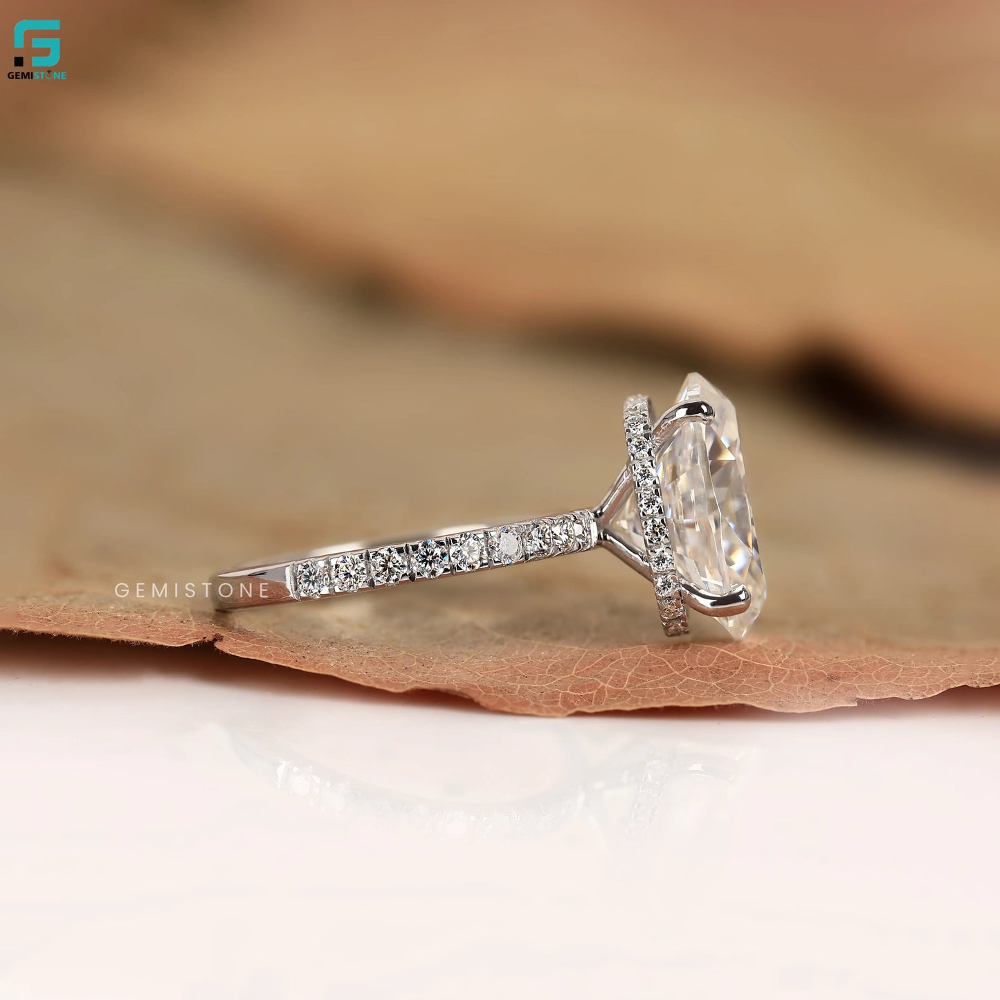 4CT Oval Lab Diamond Hidden Halo With Pave Band Ring For Women