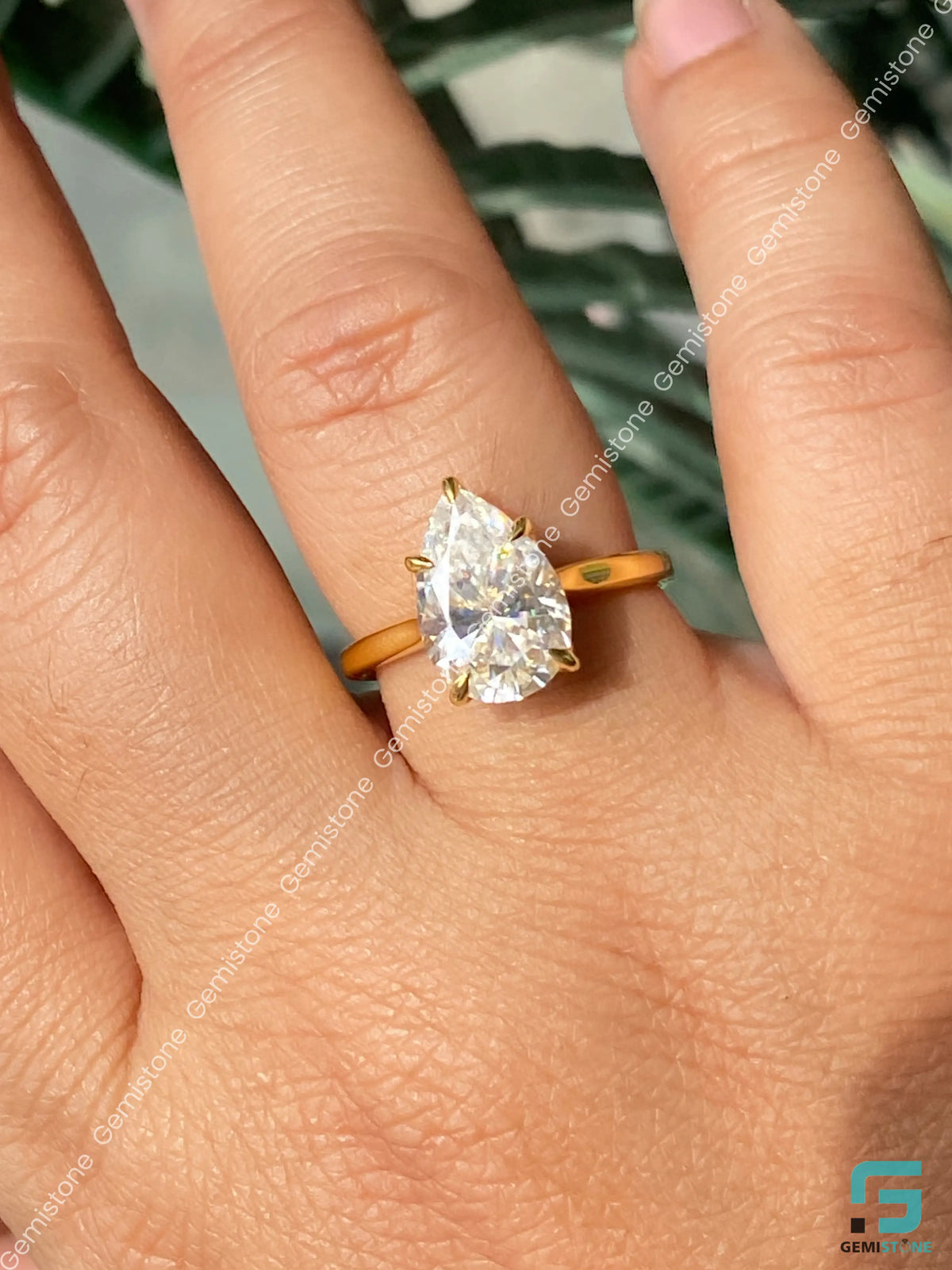 4CT Pear Moissanite Bridge Pave Tulip Set Band Ring For Women
