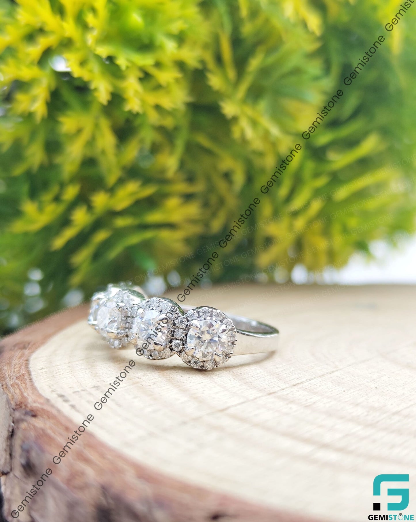 Half Eternity Round Cut Moissanite 5 Stone Halo Ring