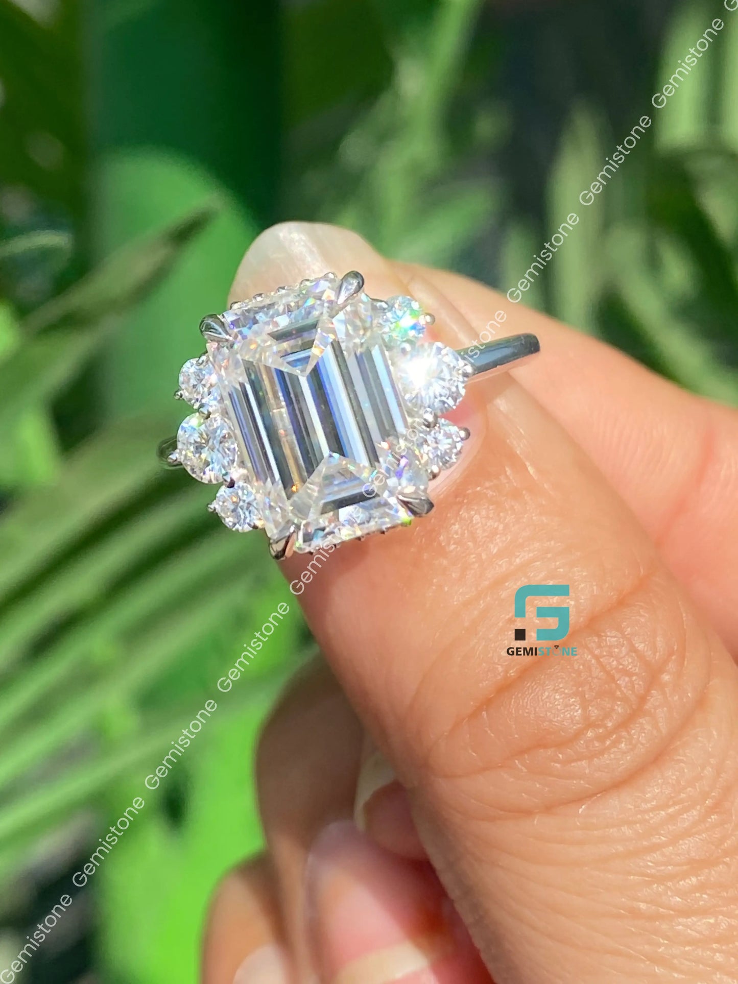 5 CT Emerald Cut Hidden Halo Moissanite Engagement Ring