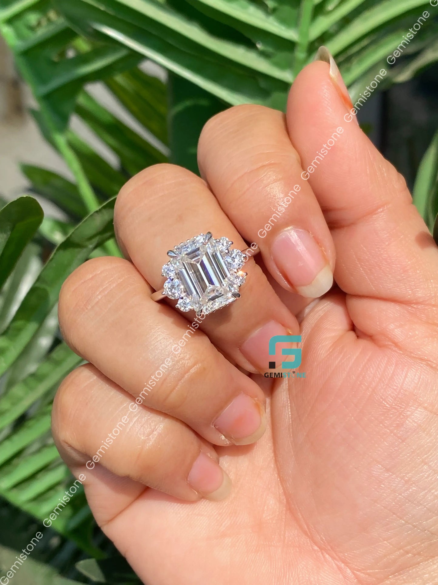 5 CT Emerald Cut Hidden Halo Moissanite Engagement Ring