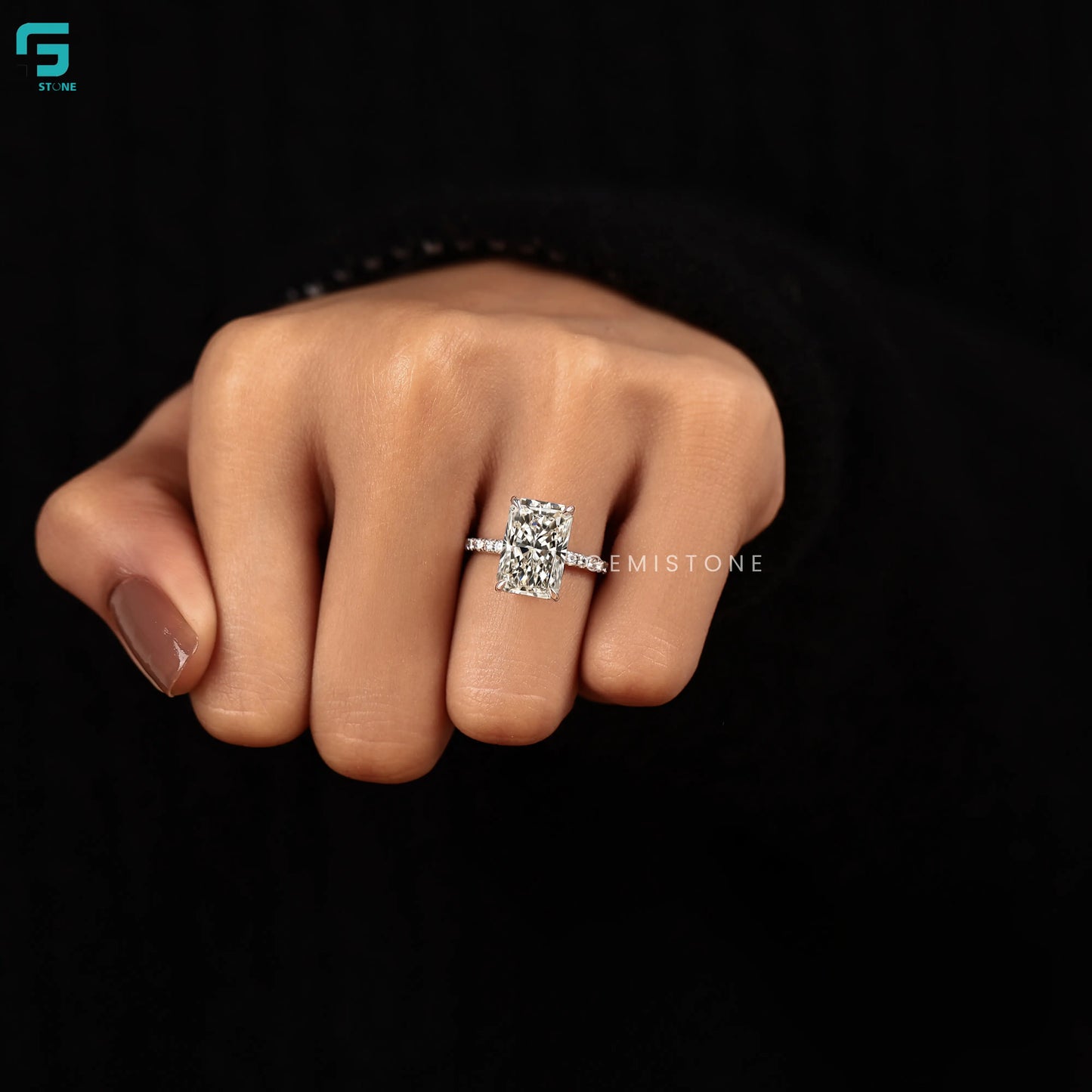5CT Radiant Cut Lab Diamond Pave Band Hidden Halo Ring