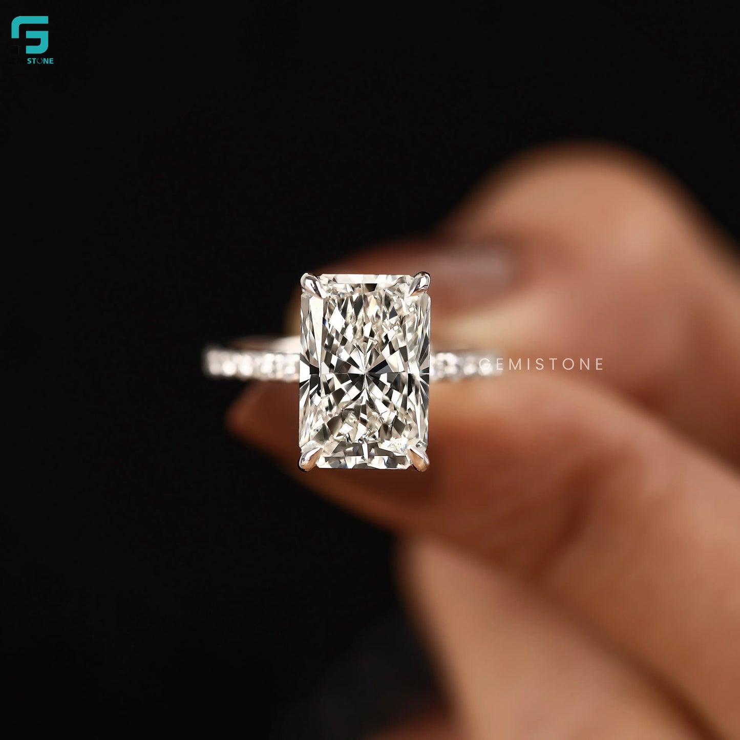 5CT Radiant Cut Lab Diamond Pave Band Hidden Halo Ring