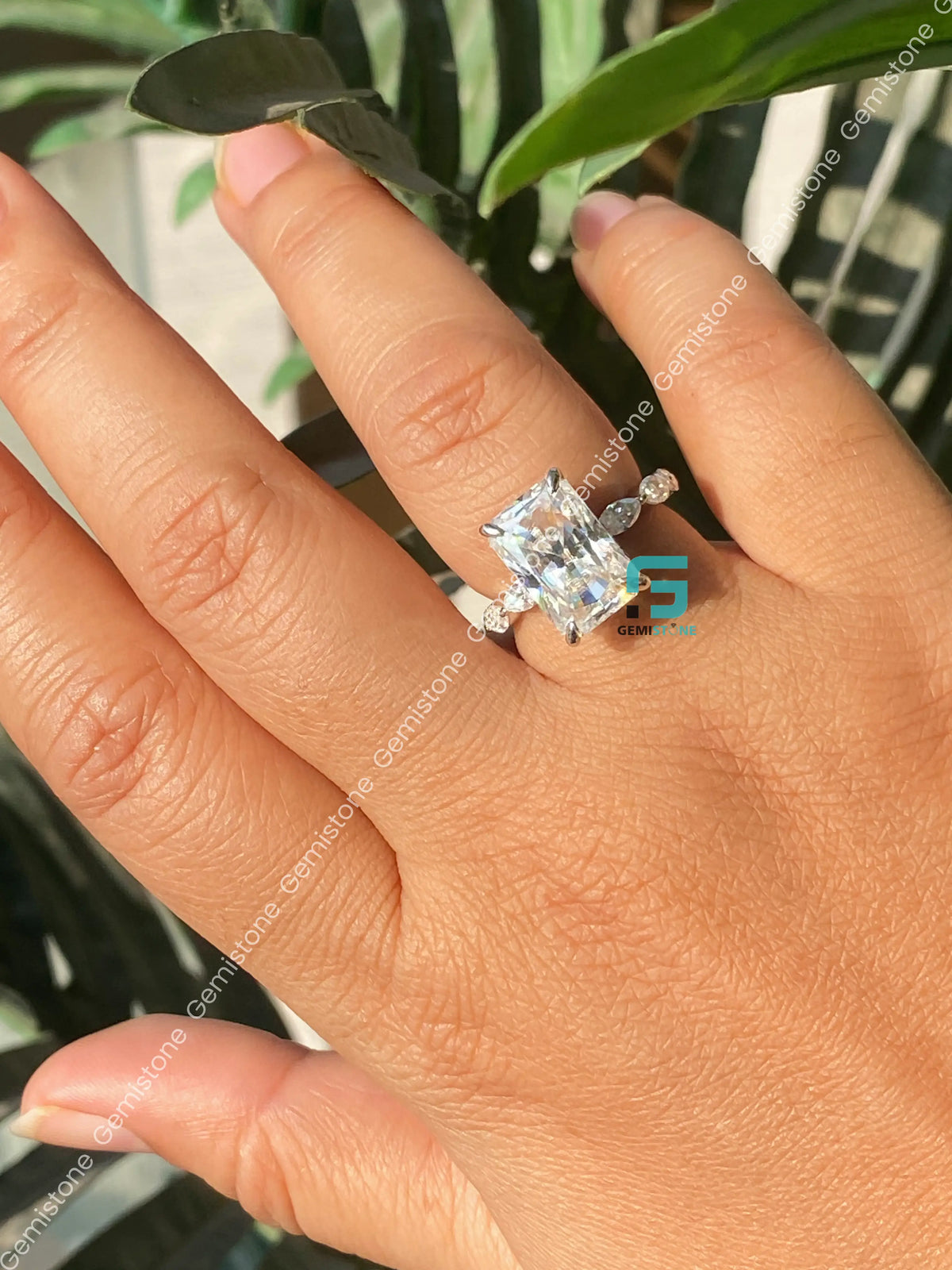 5CT Radiant Cut Pink Hidden Halo Moissanite Marquise Pave Band Ring