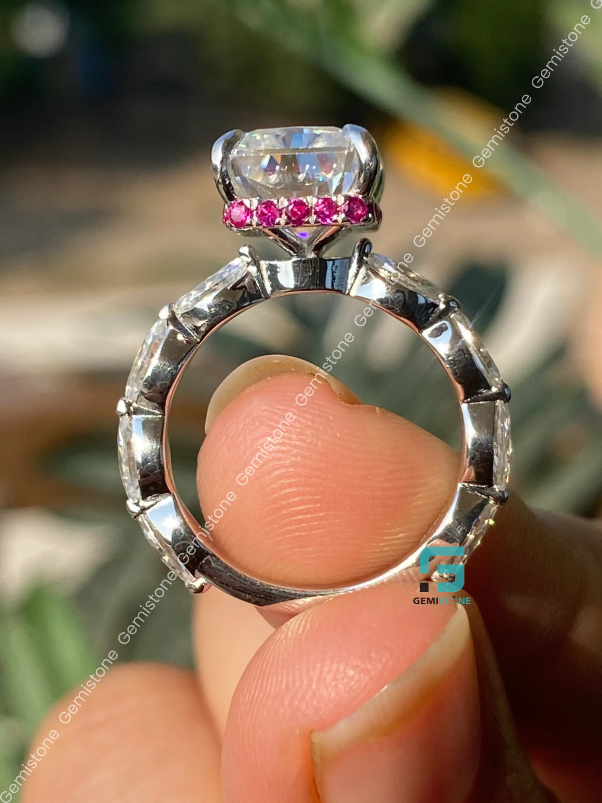 5CT Radiant Cut Pink Hidden Halo Moissanite Marquise Pave Band Ring