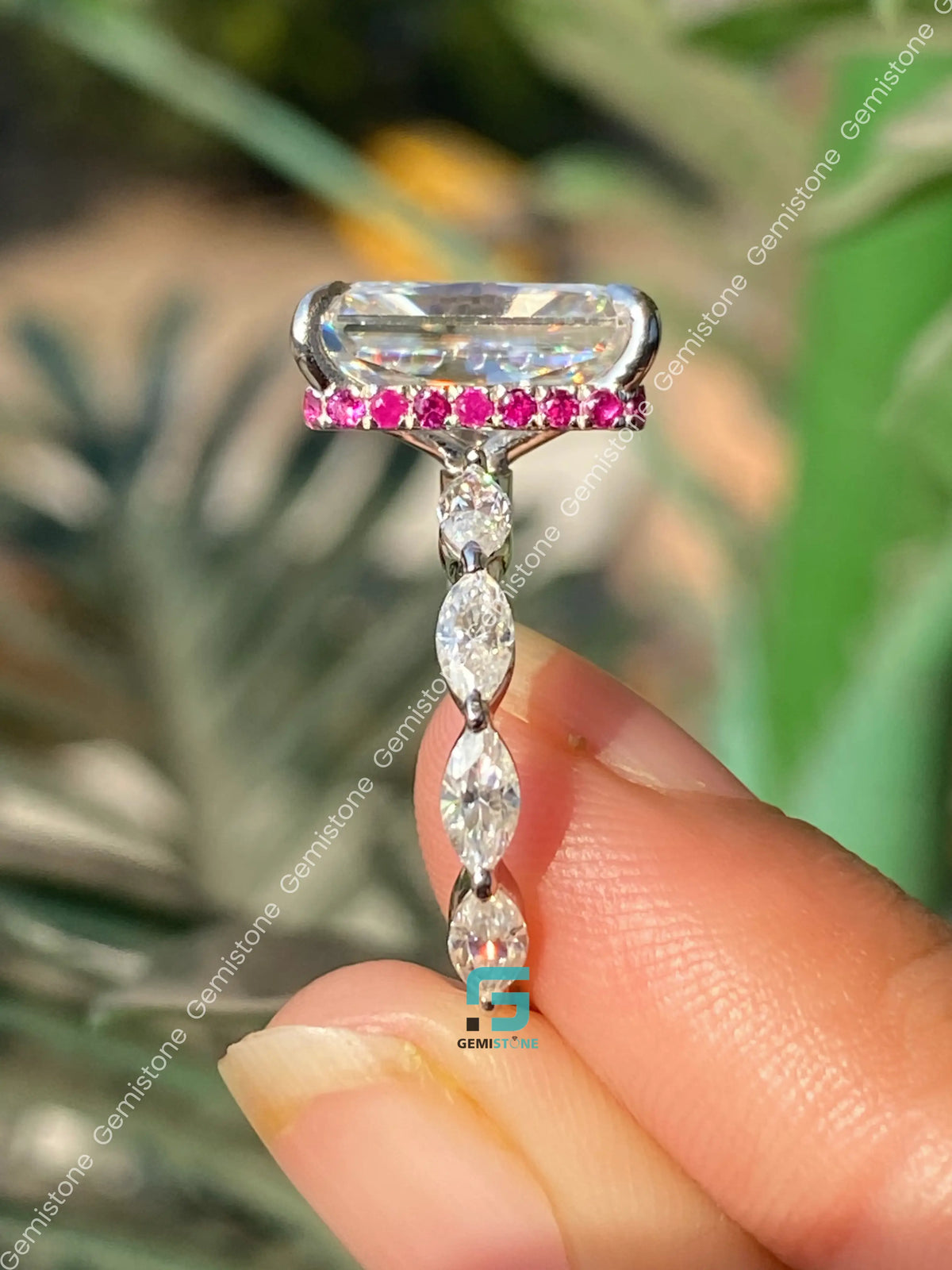 5CT Radiant Cut Pink Hidden Halo Moissanite Marquise Pave Band Ring