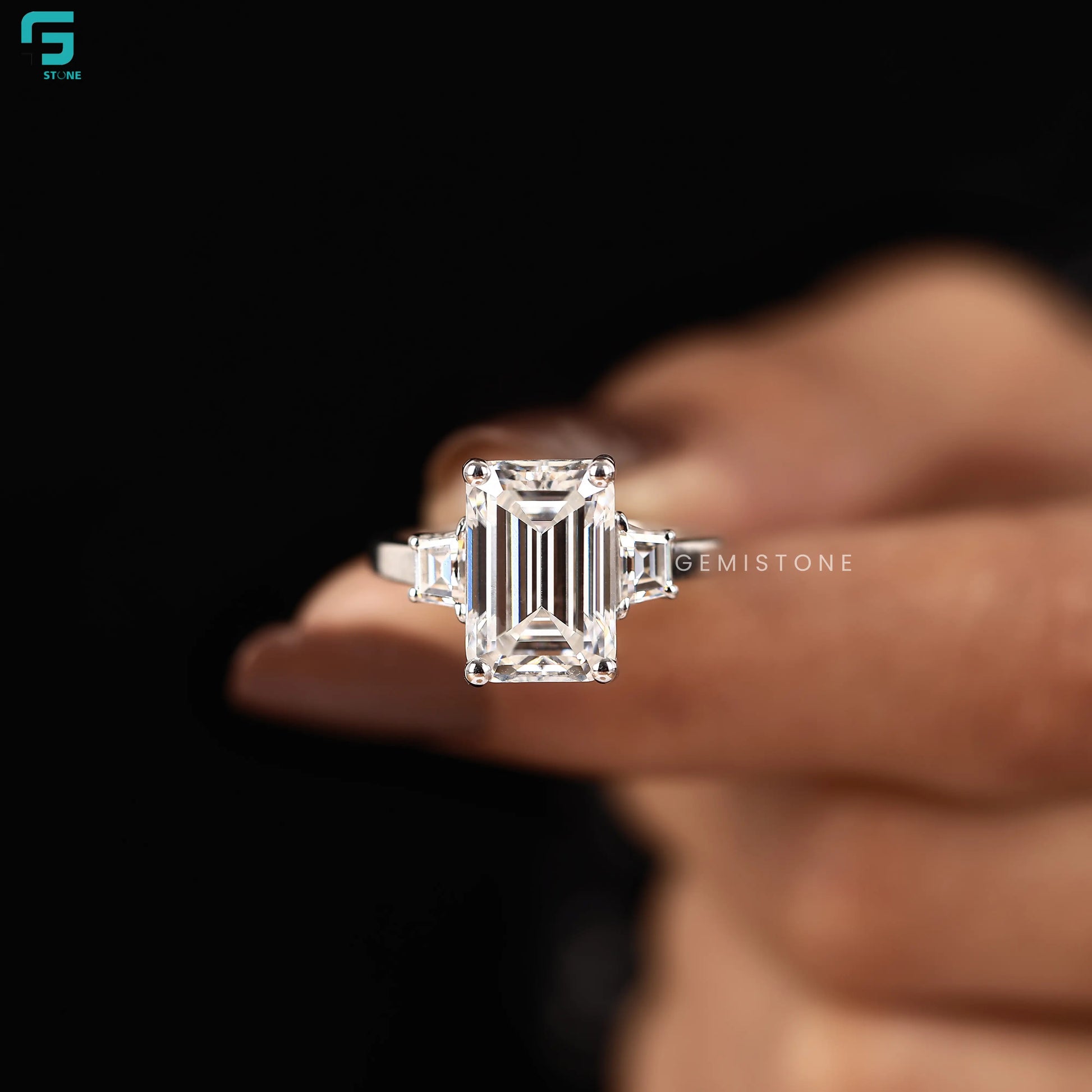 5CT Emerald Three Stone Lab Grown Diamond Wide Band Wedding Ring