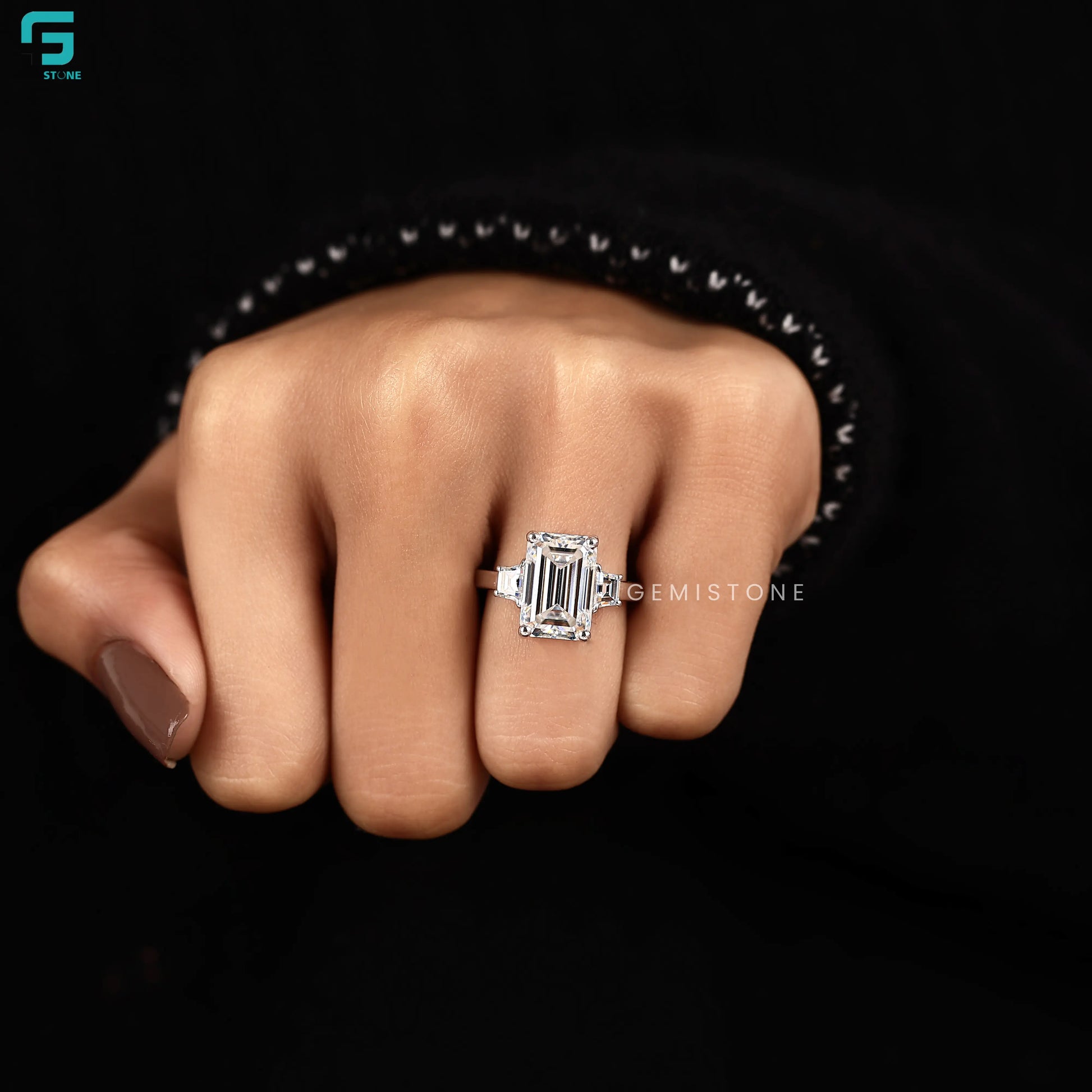 5CT Emerald Three Stone Lab Grown Diamond Wide Band Wedding Ring For Women