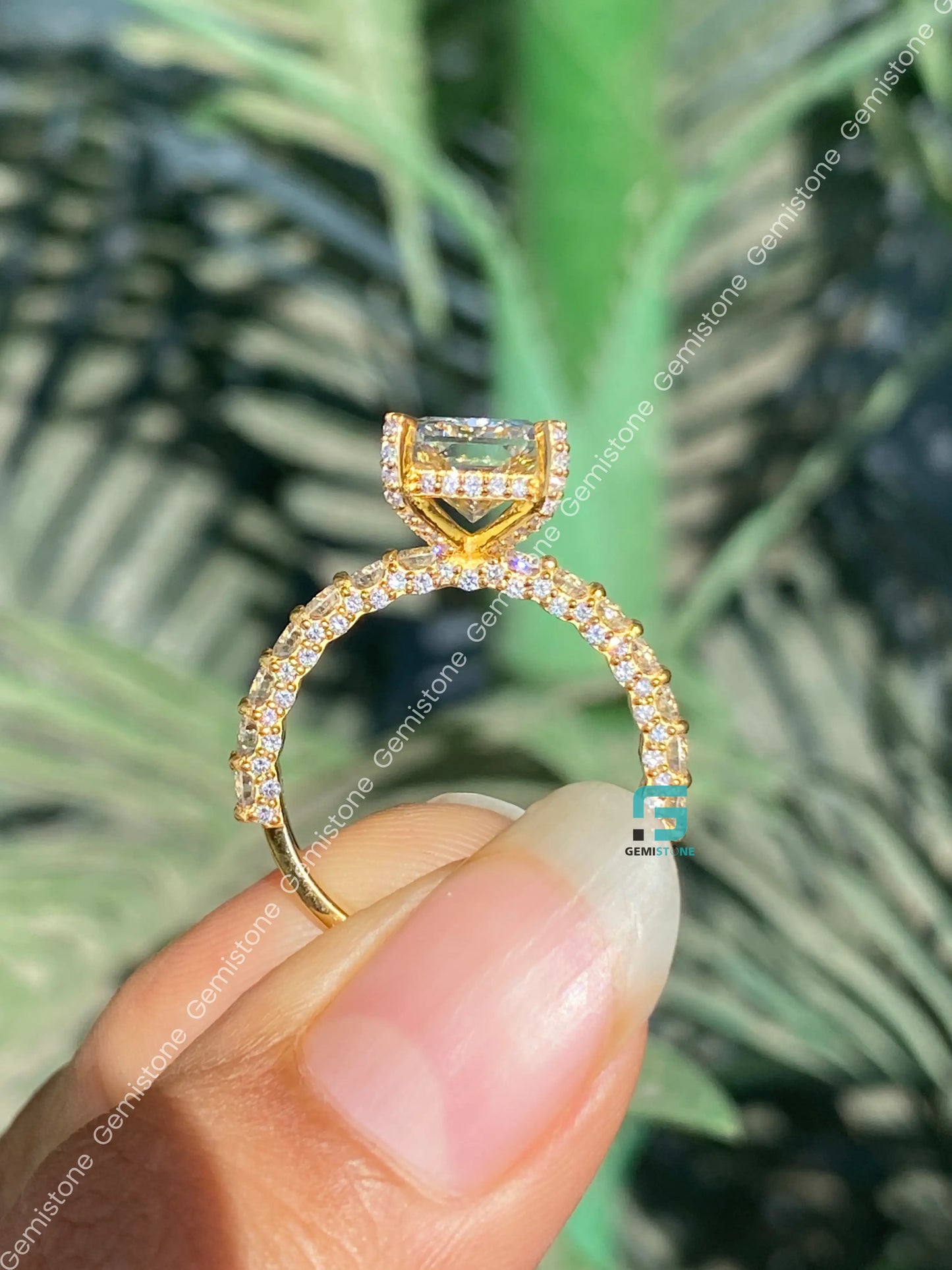 5CT Radiant Cut Moissanite Hidden Halo With Side Stone Wedding Ring 