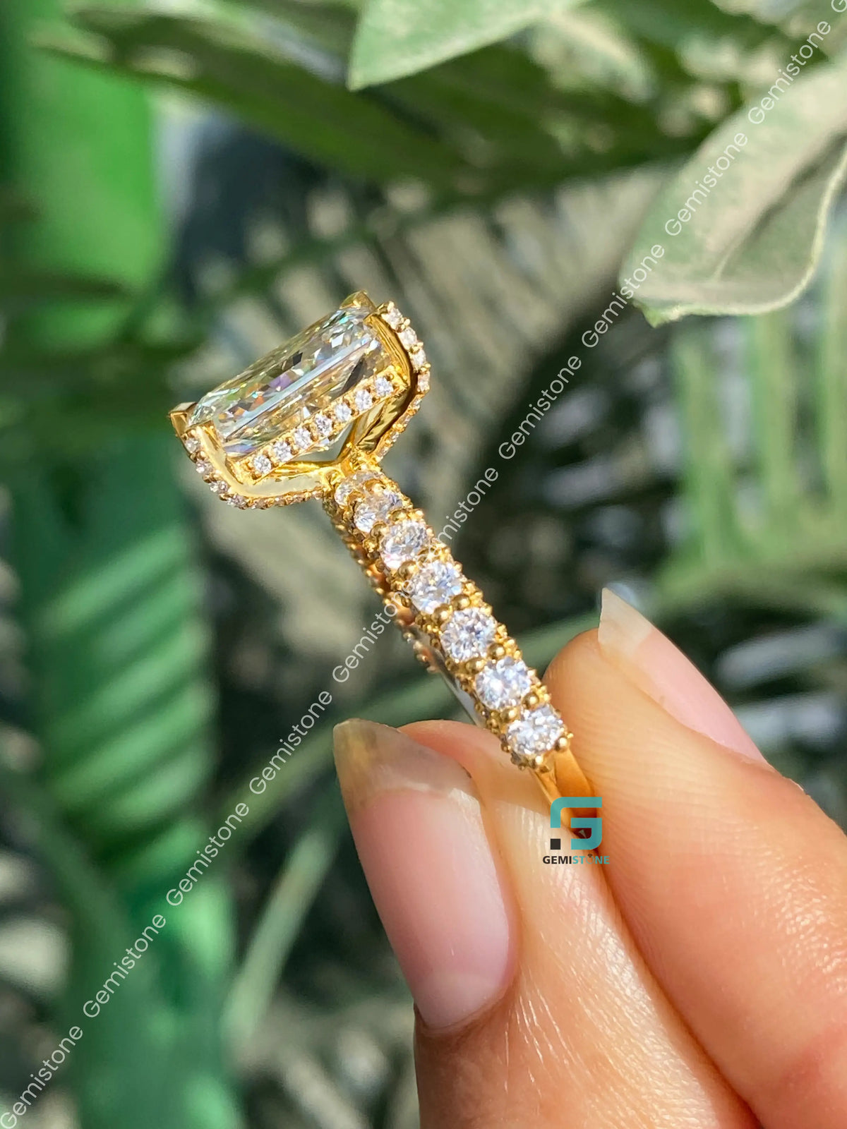 5CT Radiant Cut Moissanite Side Stone With Hidden Halo Ring 