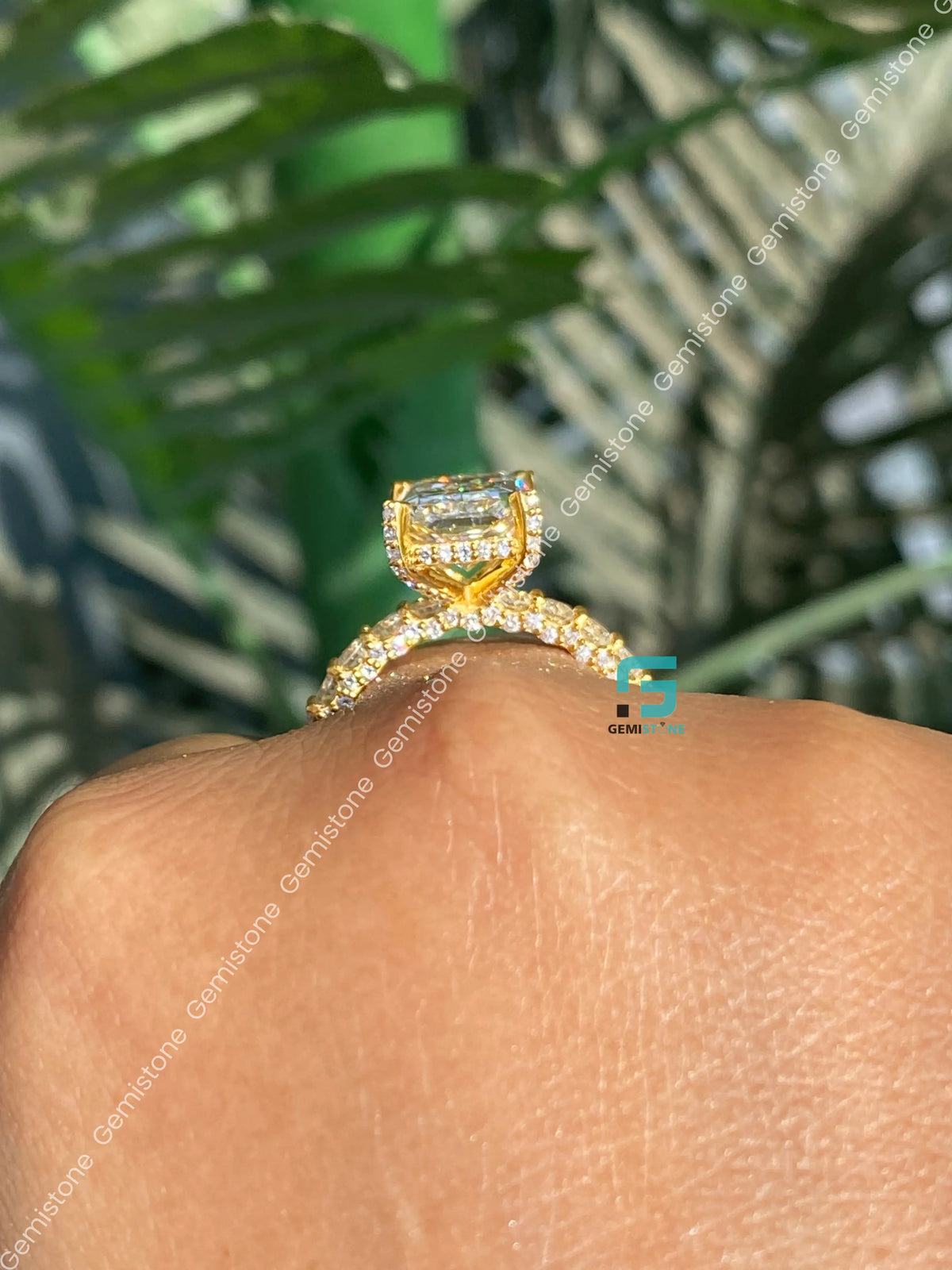 5CT Radiant Cut Moissanite Side Stone With Hidden Halo Ring For Women