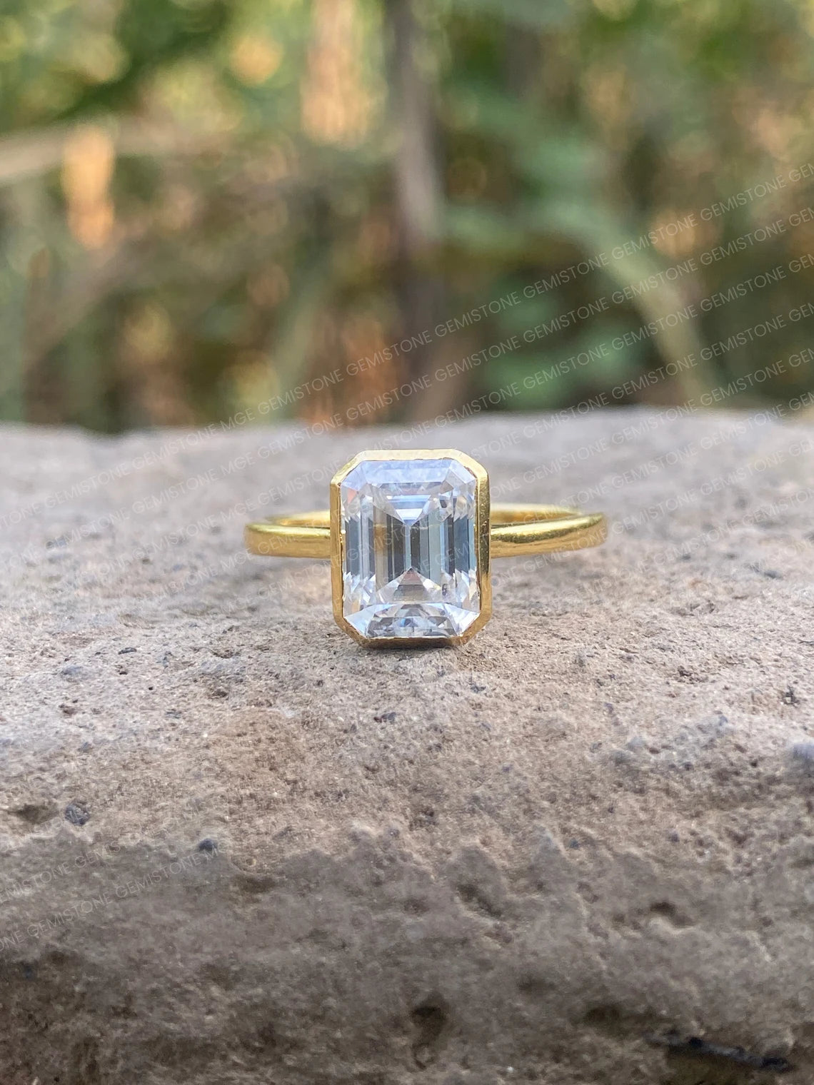 3CT Emerald Cut Moissanite Bezel Set Solitaire Engagement Ring